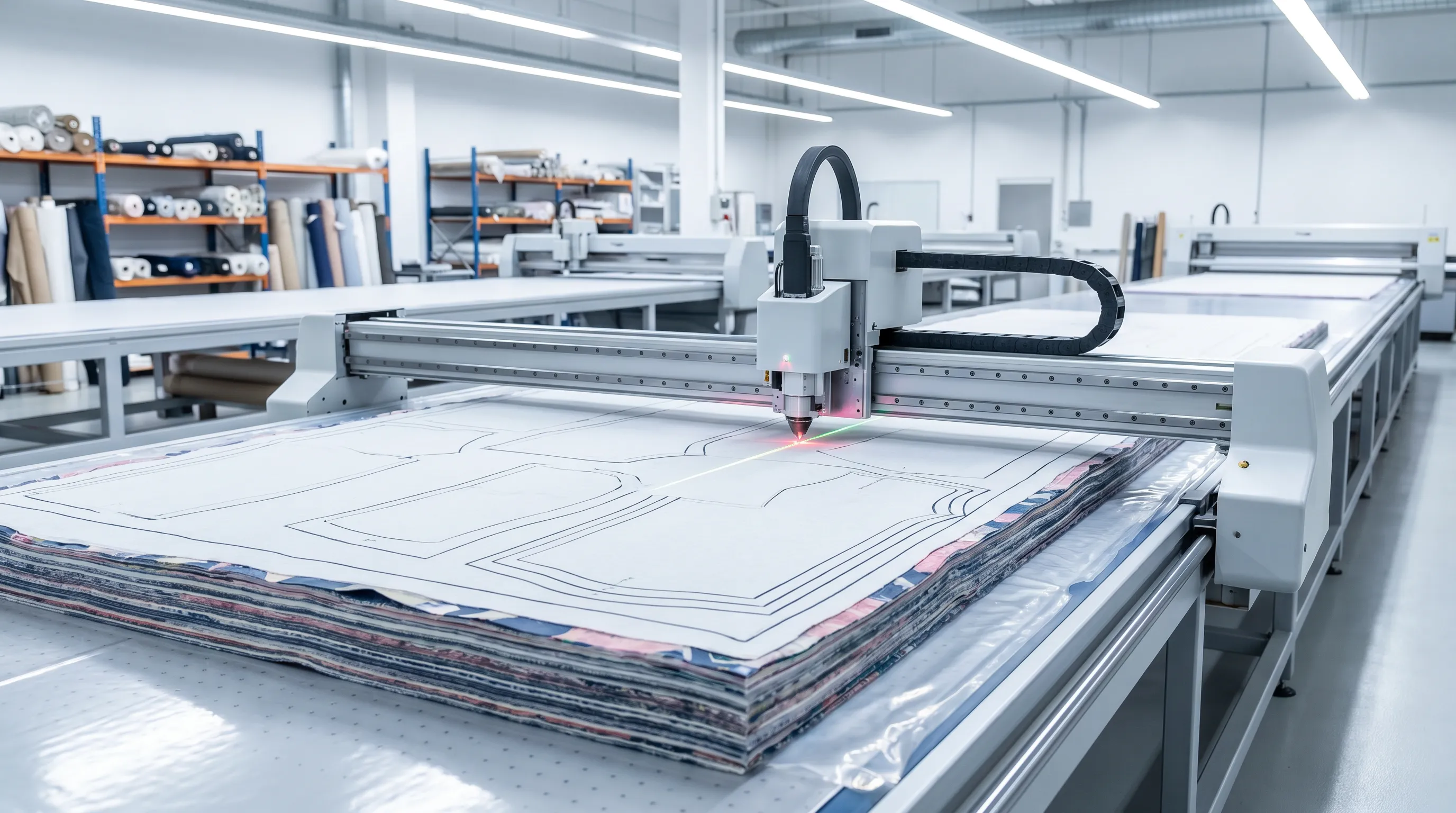 An industrial fabric cutter following marker outlines through a thick spread of stacked fabric layers in a garment factory cutting room