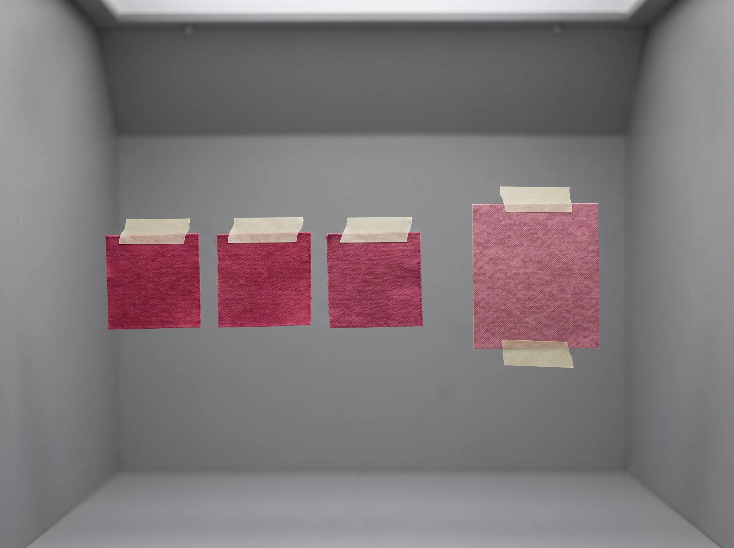 Three trial lab-dip cotton swatches taped beside a reference cotton color card inside a daylight lightbox, illustrating Pantone TCX dye-lot color approval