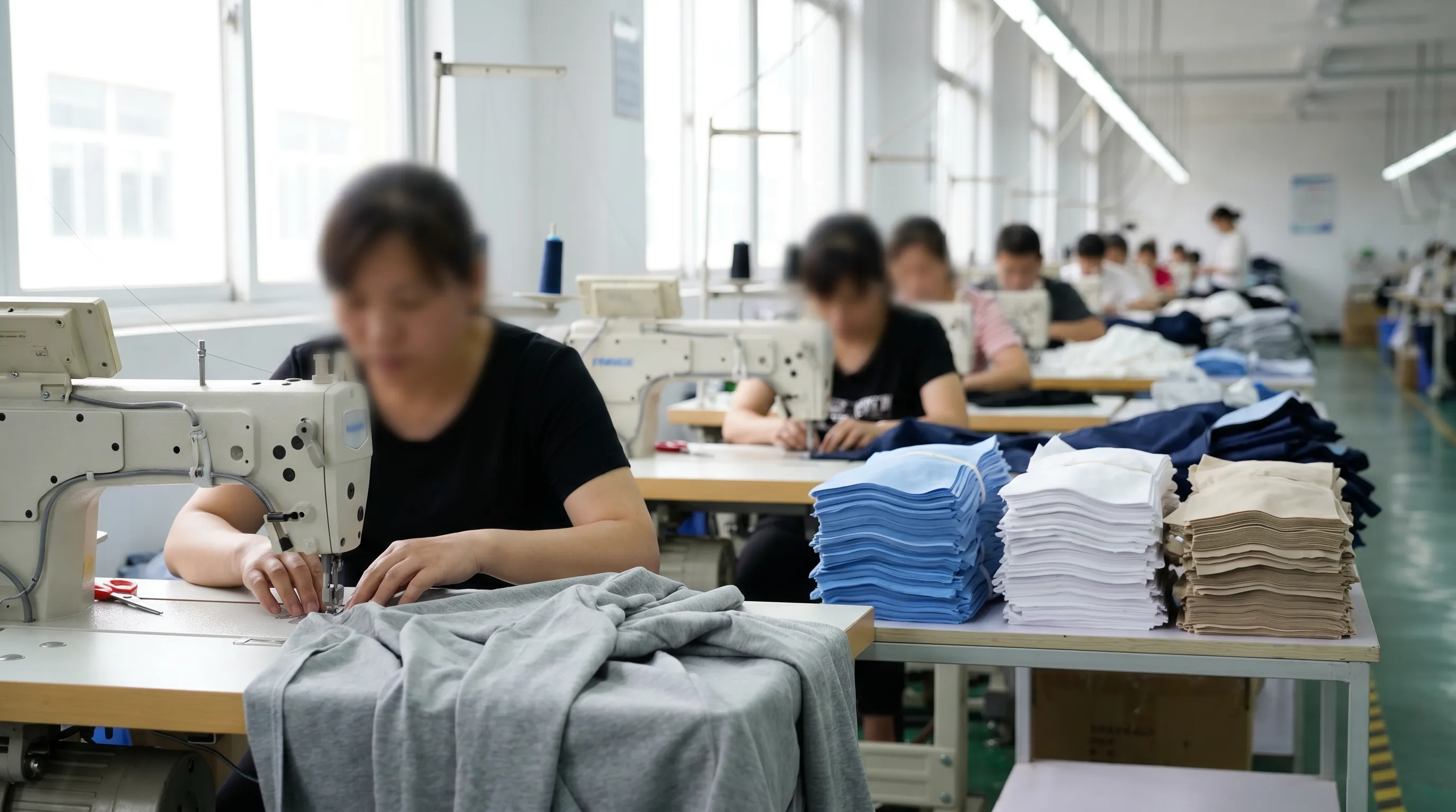 A garment factory sewing line with industrial sewing machines producing a pre-production sample using bulk fabric, illustrating that the PP sample is made on the real production line