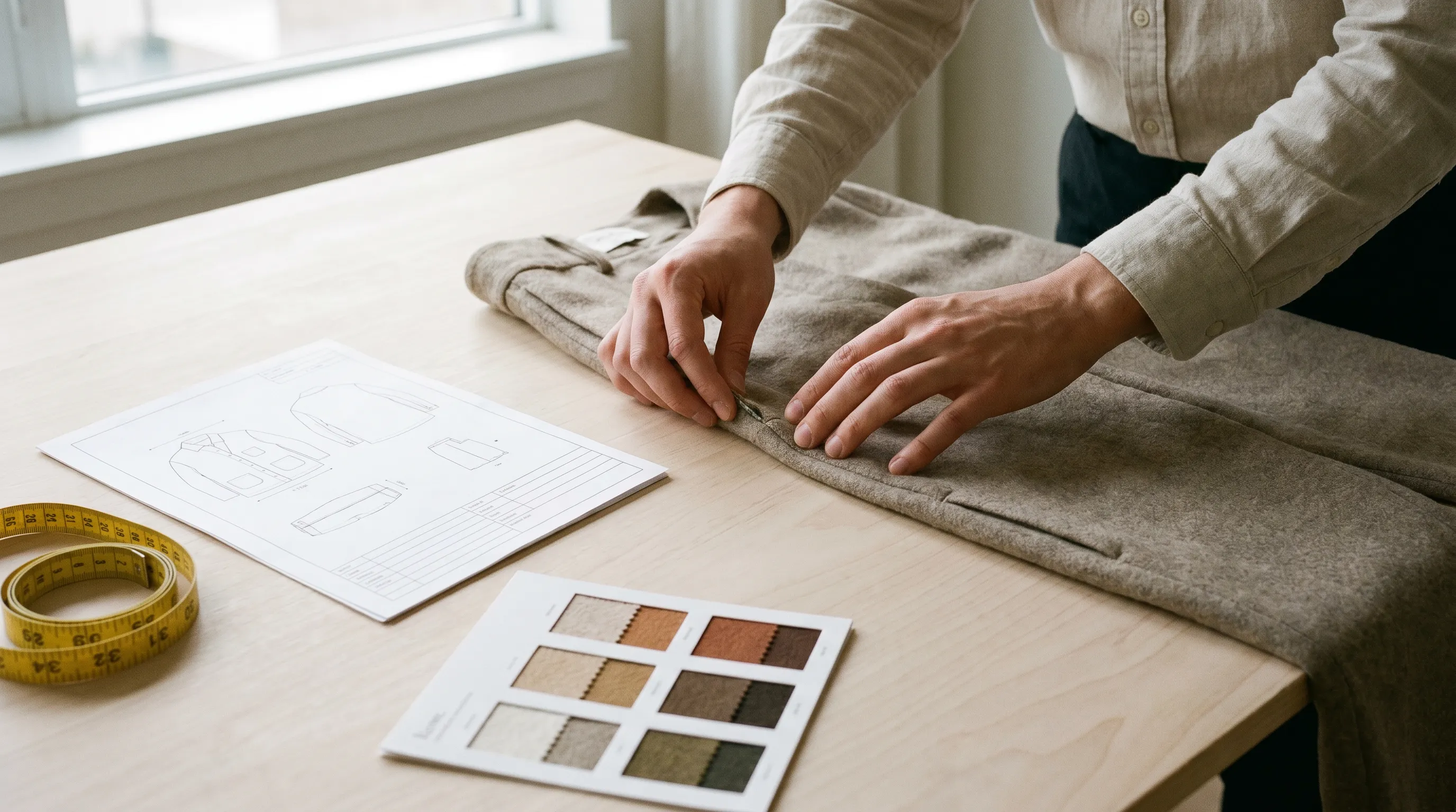 Hands reviewing a pre-production garment sample against a printed spec sheet and a tape measure on a studio table during PP sample approval