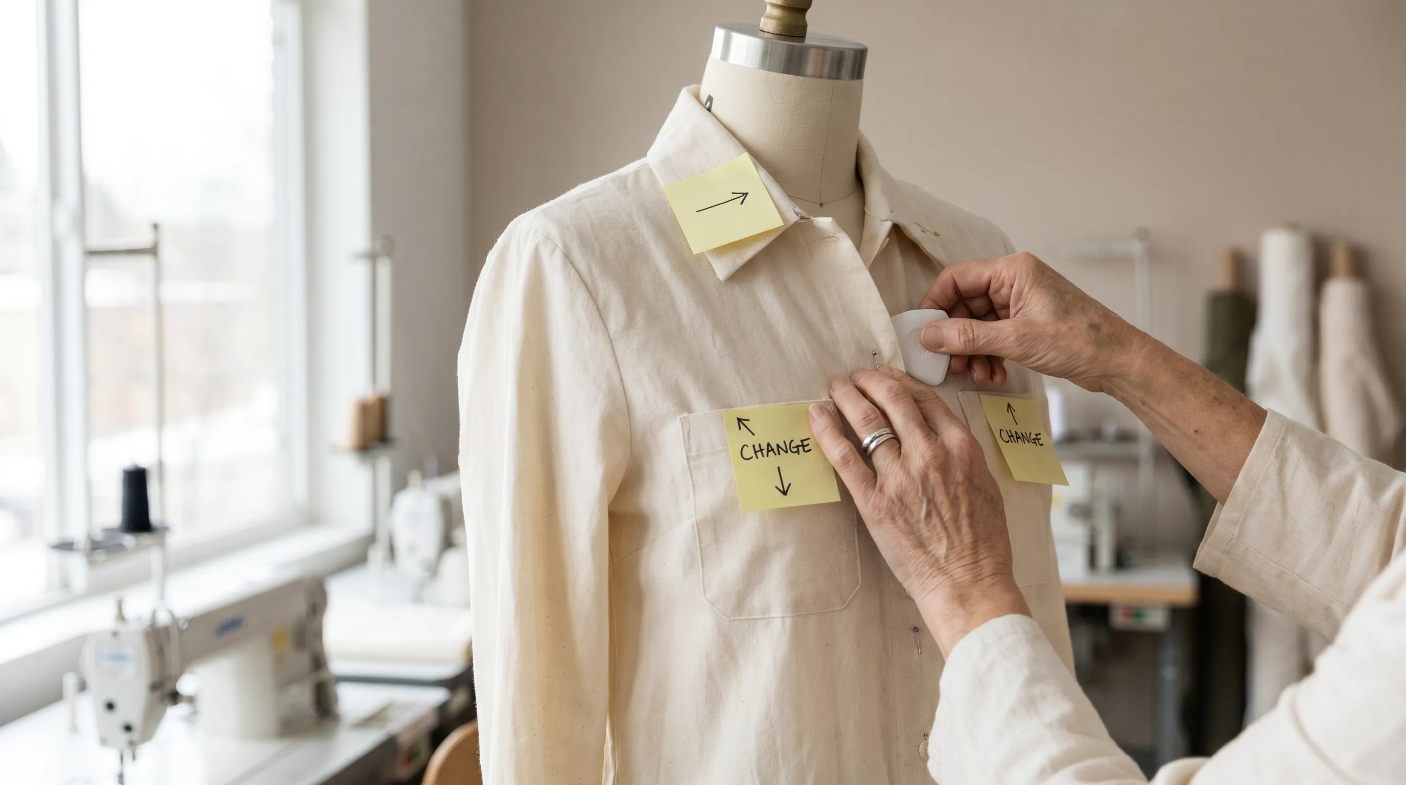 A designer marking up a proto garment sample with pins and tailor's chalk to note construction and proportion changes