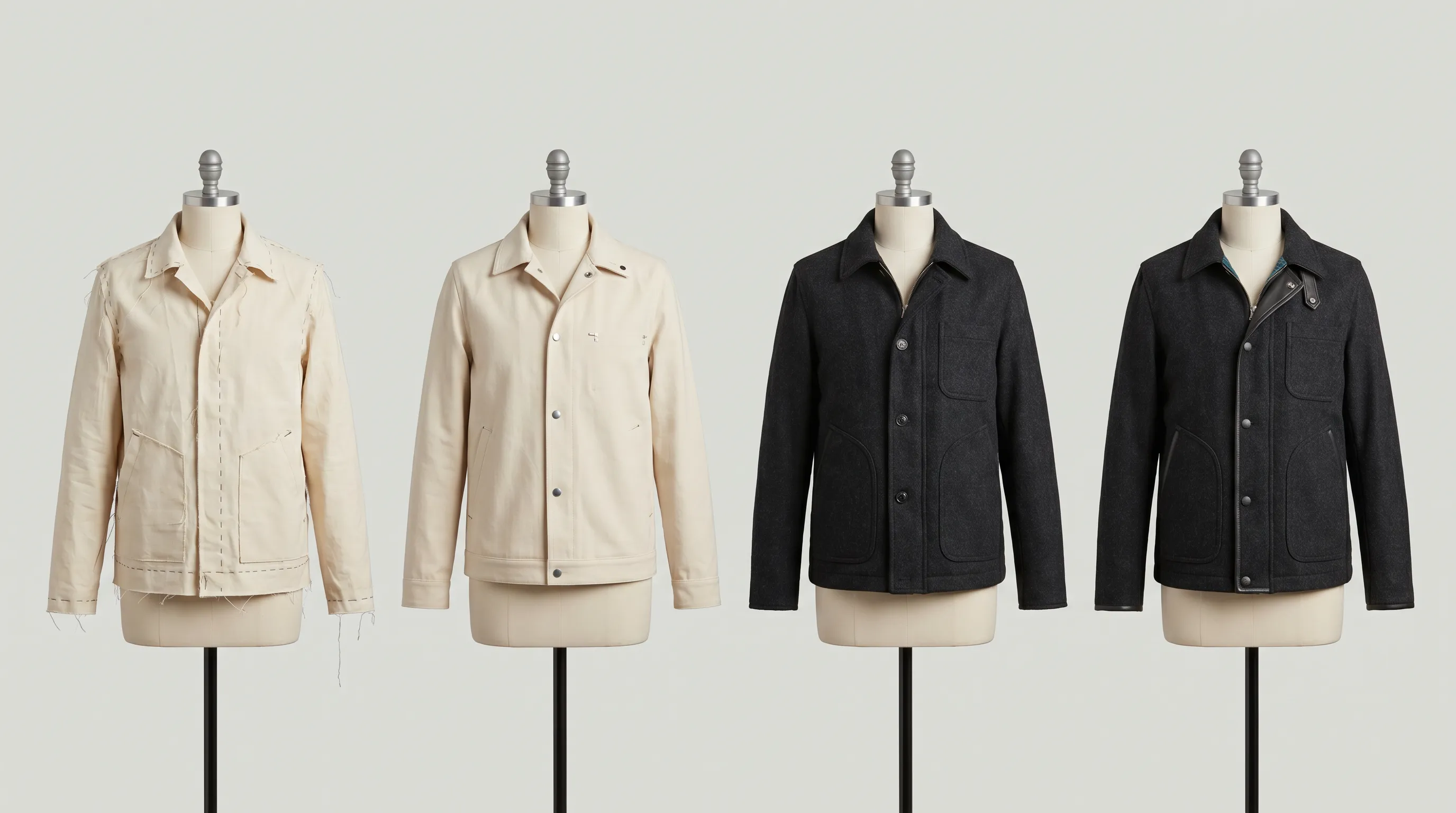 Four garment samples of the same style lined up left to right showing progression from a rough proto in substitute fabric to a finished pre-production sample in final materials