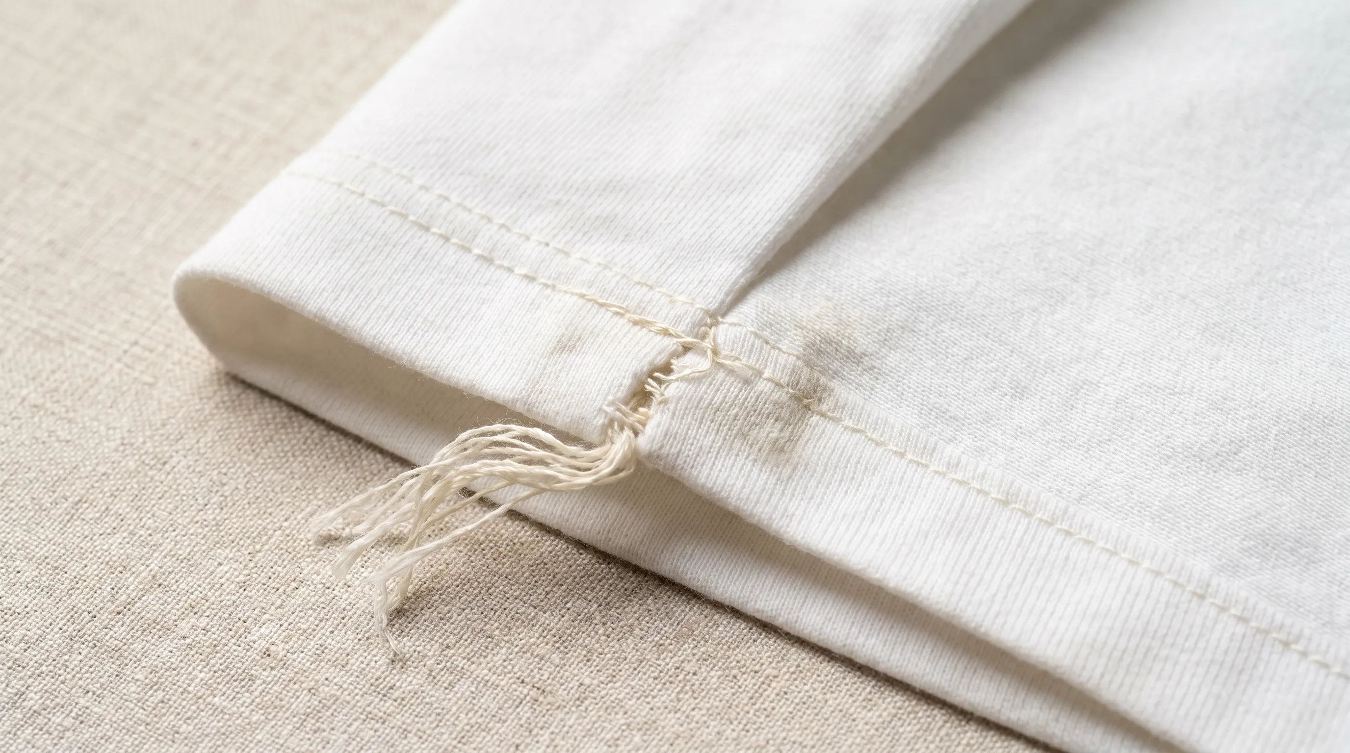 Close-up of garment defects found during AQL inspection: a loose broken seam thread and a small fabric mark on a folded cotton t-shirt, the kind of major and minor flaws counted against accept numbers