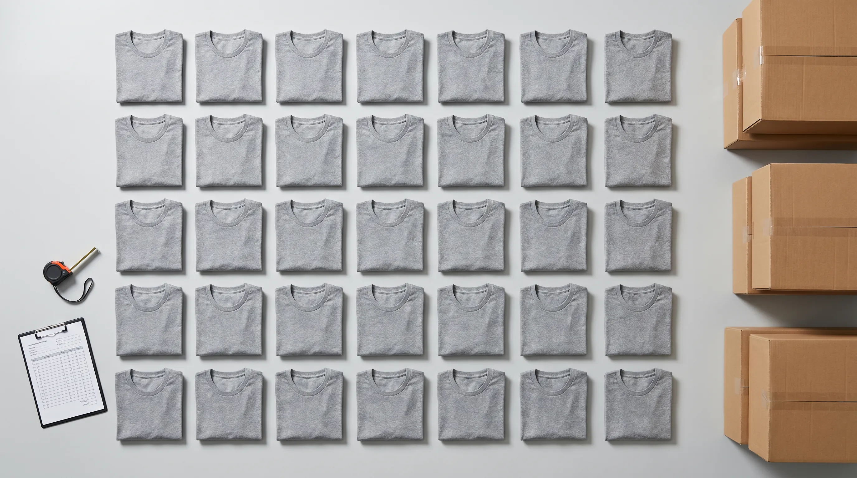Random sample of folded garments laid out in a grid on an inspection table next to sealed cartons, representing the 125-piece AQL sample pulled from a 2,000-unit production lot