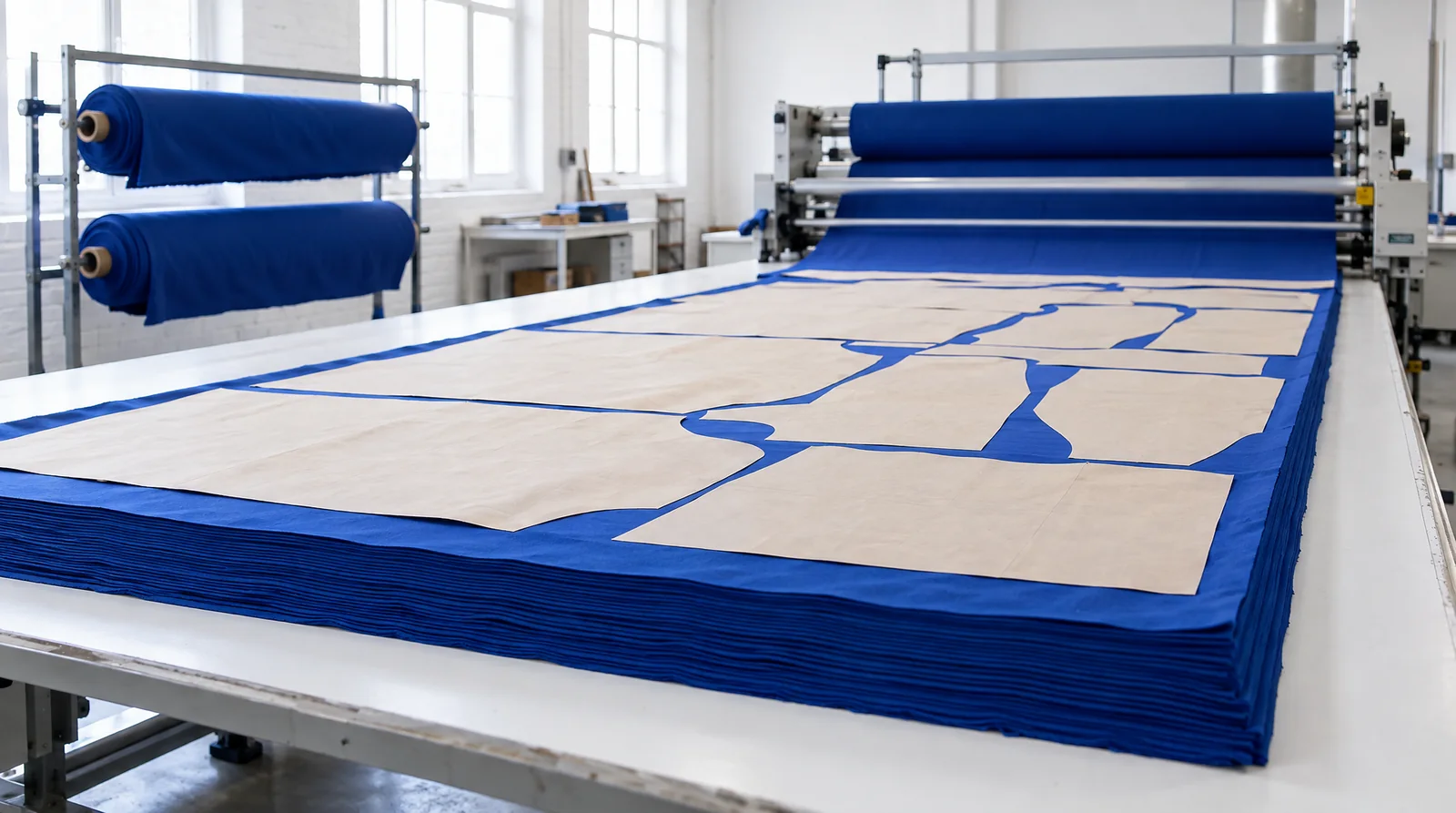 Plies of royal-blue fabric spread on a factory cutting table under a paper marker, with more rolls of the same fabric on a rack