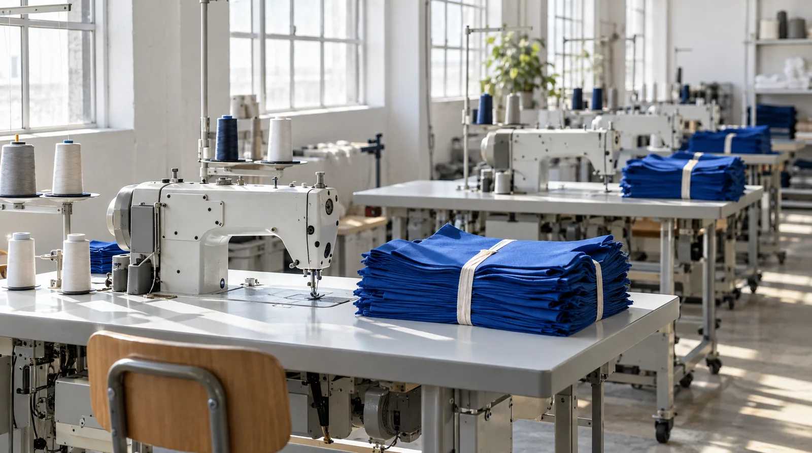 A row of industrial sewing machines with cut royal-blue panels bundled beside each station