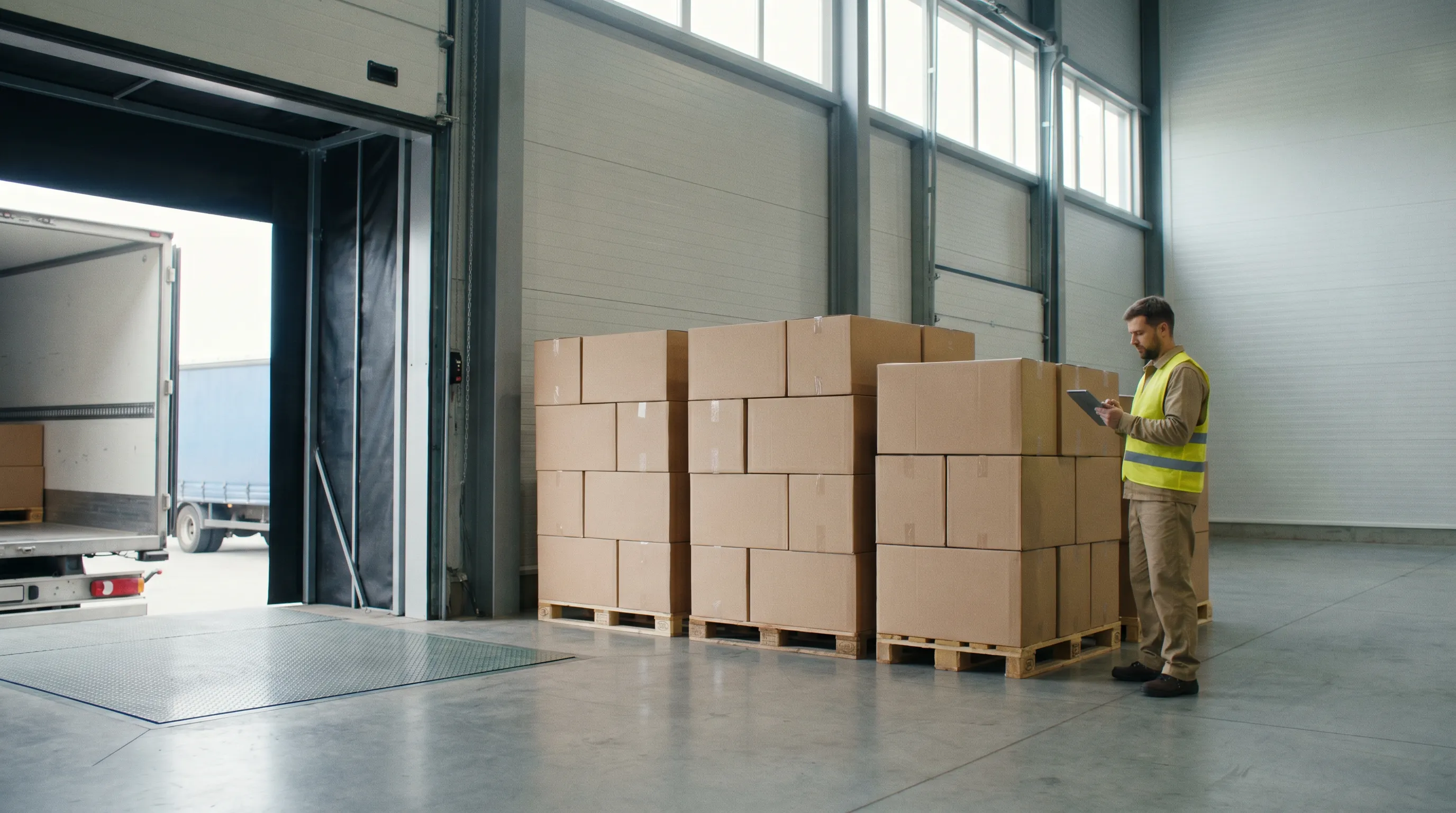 Imported apparel cartons arriving on pallets at a brand's receiving warehouse, representing the buyer-owned leg of the journey after the FOB transfer point