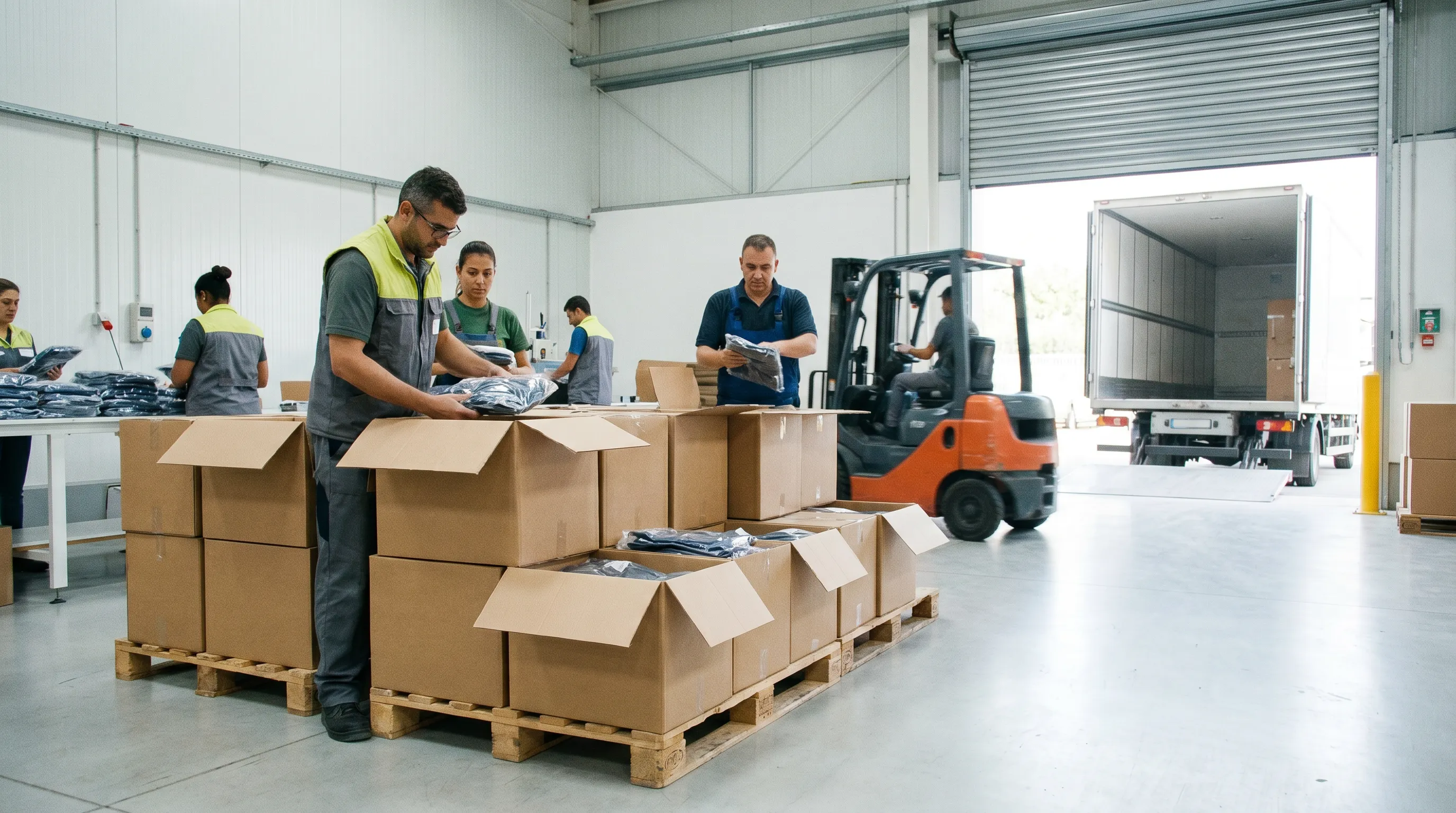 Finished folded garments in poly-bags being packed into export cartons at a garment factory loading dock, ready for inland transport to the port under an FOB order