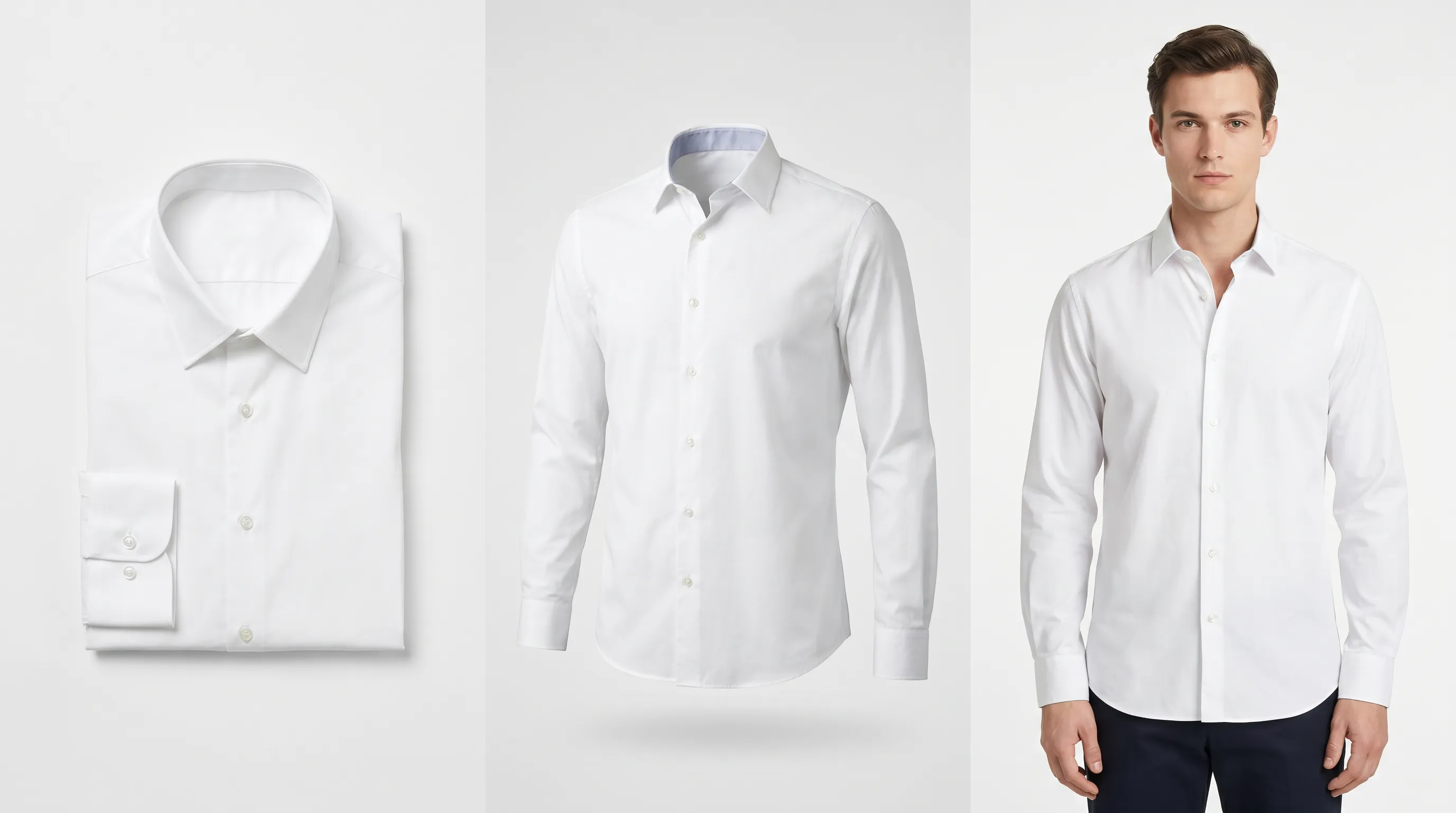 Same white button-down shirt shown three ways side by side — flat-lay from above, ghost mannequin hollow 3D shape, and on a model — illustrating the three e-commerce product photography methods