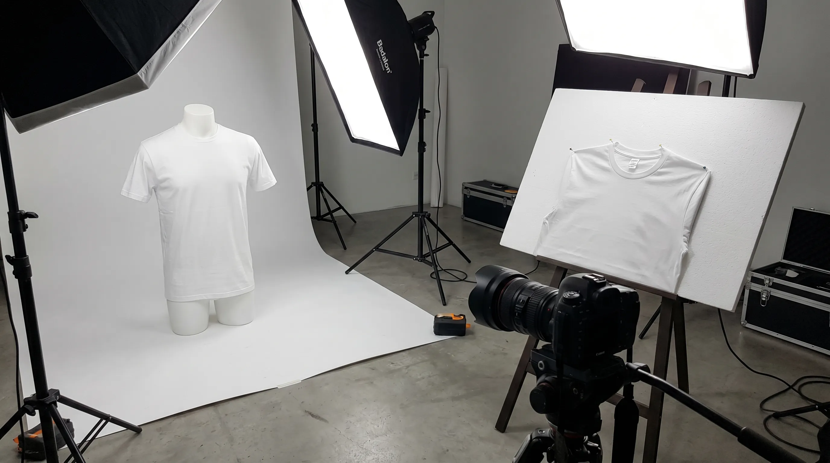 Studio ghost mannequin setup showing a white t-shirt on a mannequin under softbox lighting beside a separate interior collar shot of the same garment clipped to a foam board