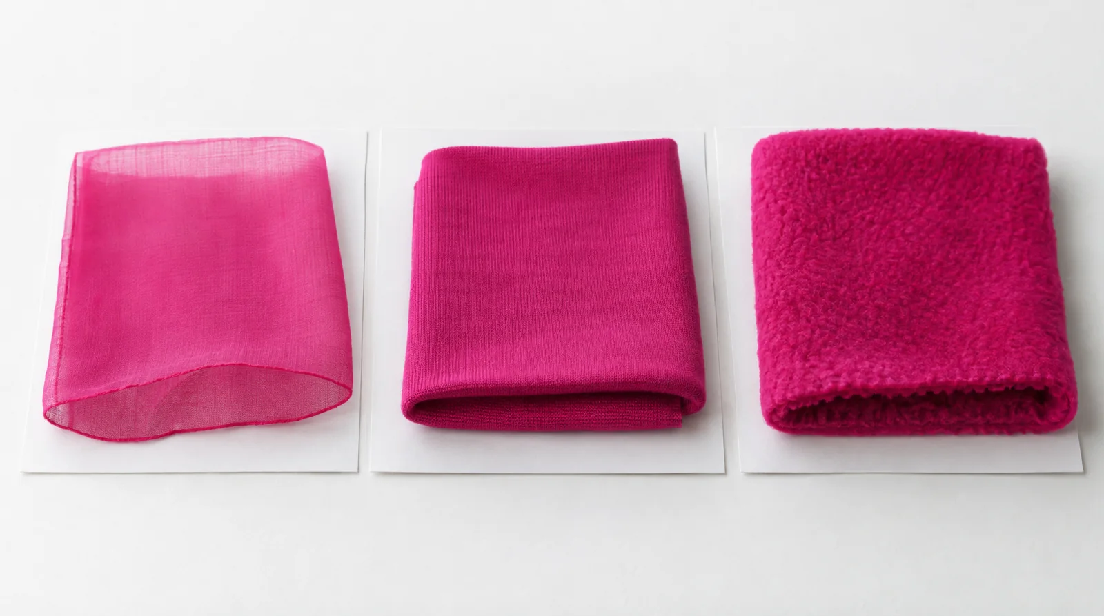 Three magenta fabrics of increasing weight side by side: a sheer voile, a mid-weight jersey and a heavy fleece
