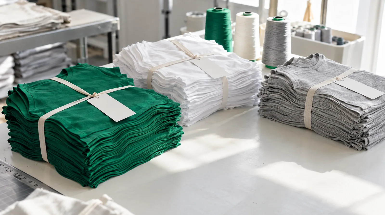 Bundled cut panels of the same T-shirt in emerald, white and grey on a factory table, each bundle tagged with a blank ticket