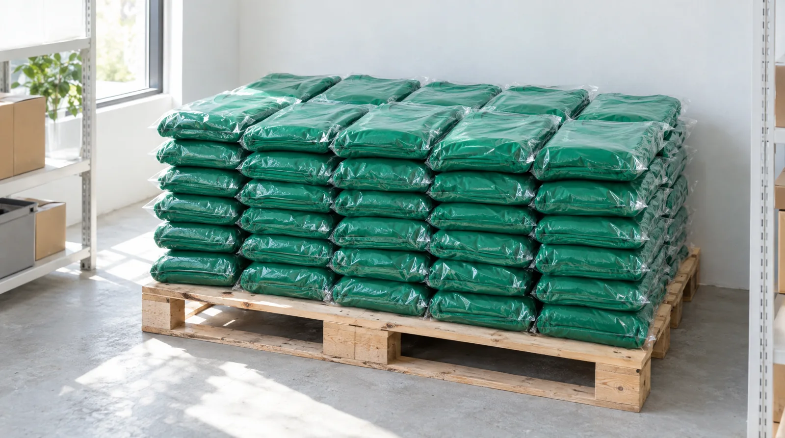 A pallet of folded emerald T-shirts in clear poly bags in a bright stockroom