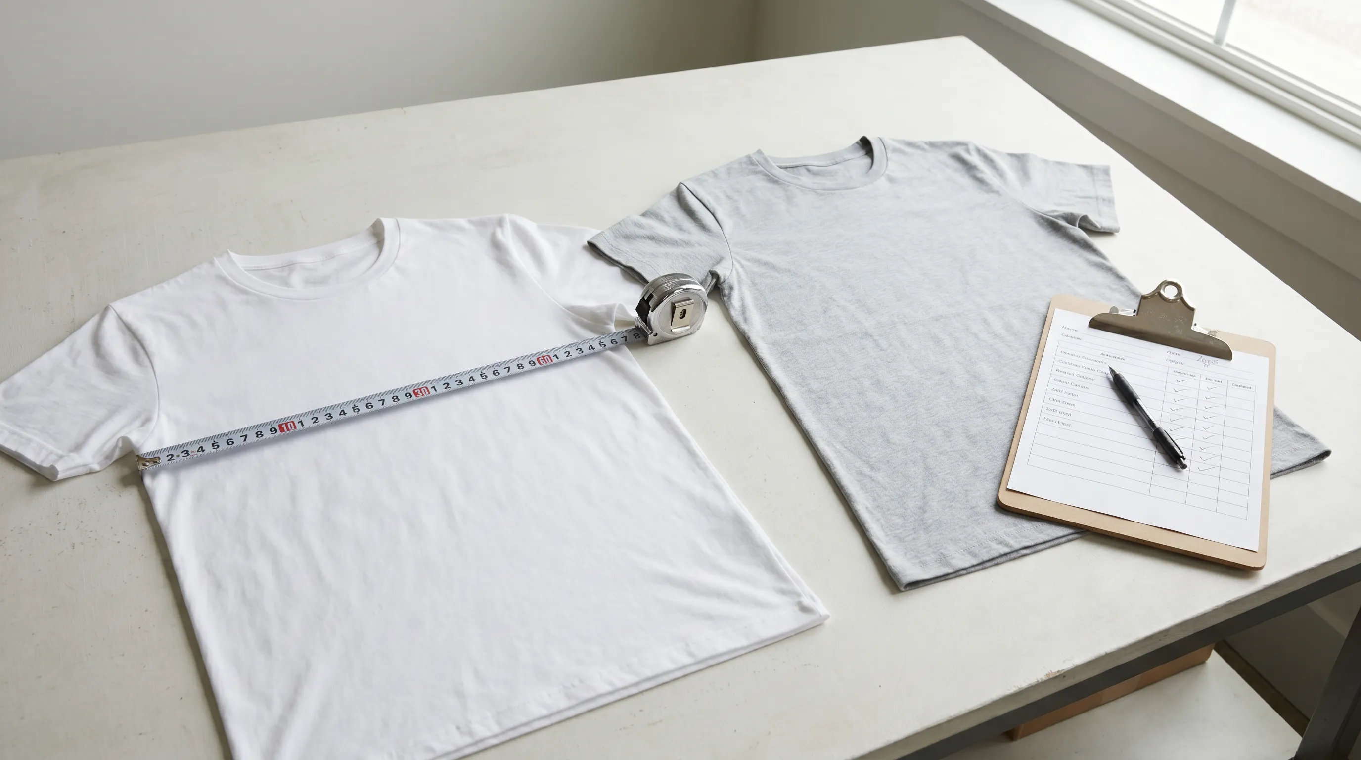 Two nearly identical t-shirts laid side by side at a QC table, one passing and one flagged, with a tape measure and inspection clipboard