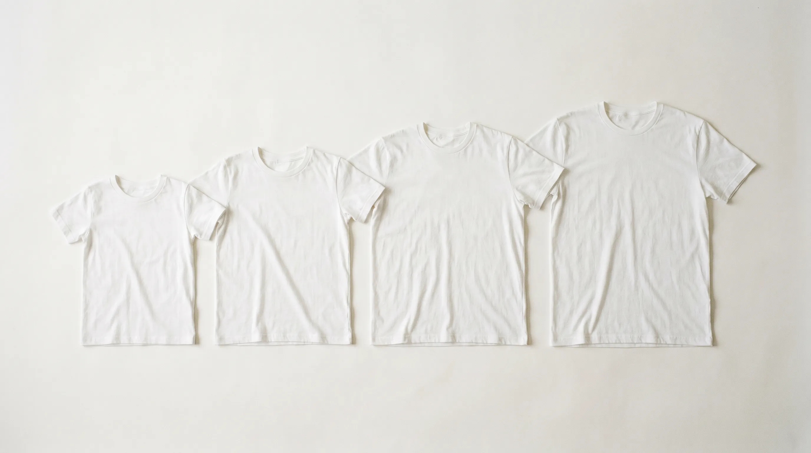 A graded size run of the same t-shirt from small to extra large laid in a row, illustrating how tolerance bands must stay under the gap between sizes
