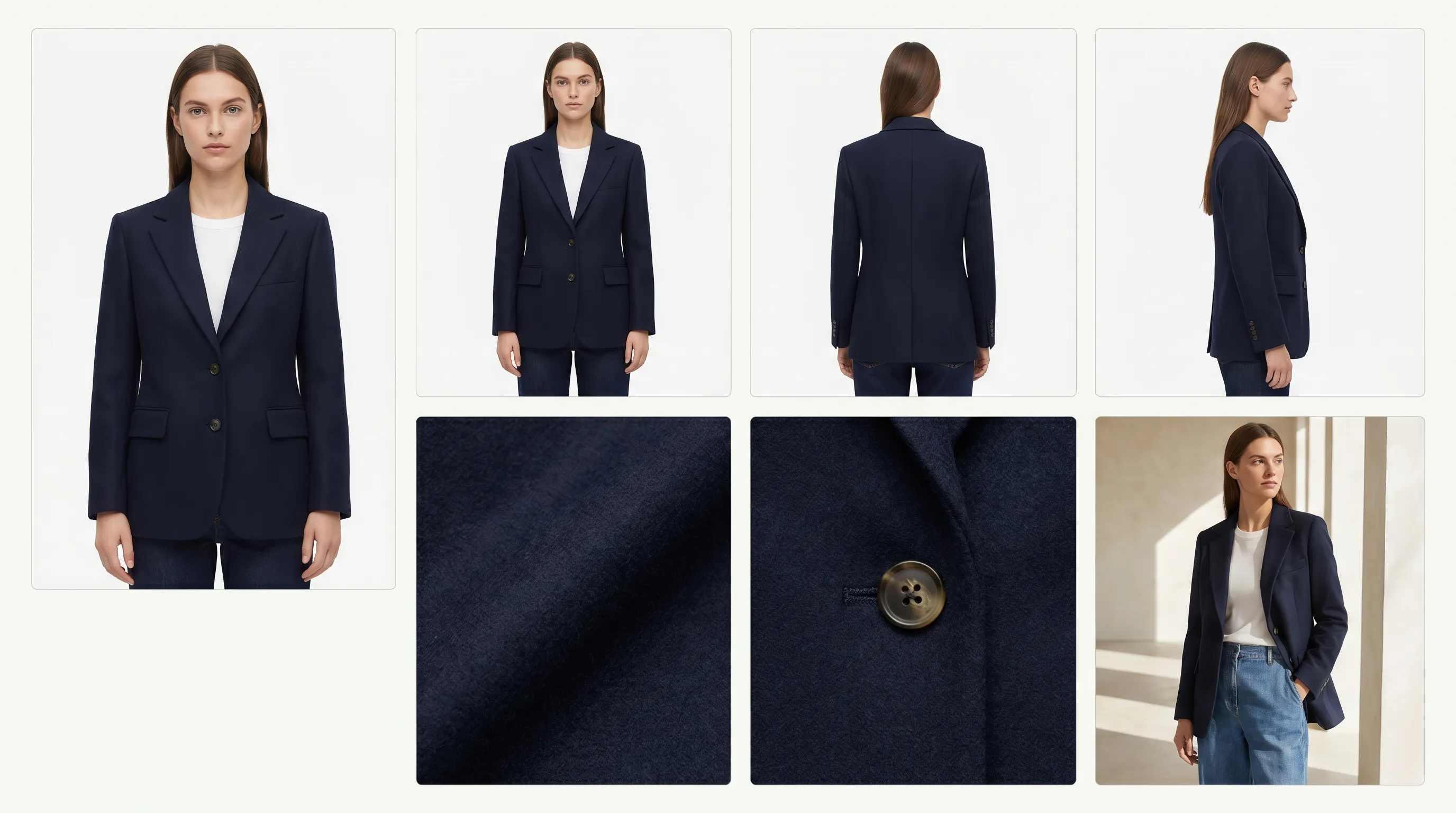 A seven-image Amazon apparel gallery of a blazer: pure white on-model main, front, back, side, two fabric macro details, and a styled lifestyle frame on the same AI model
