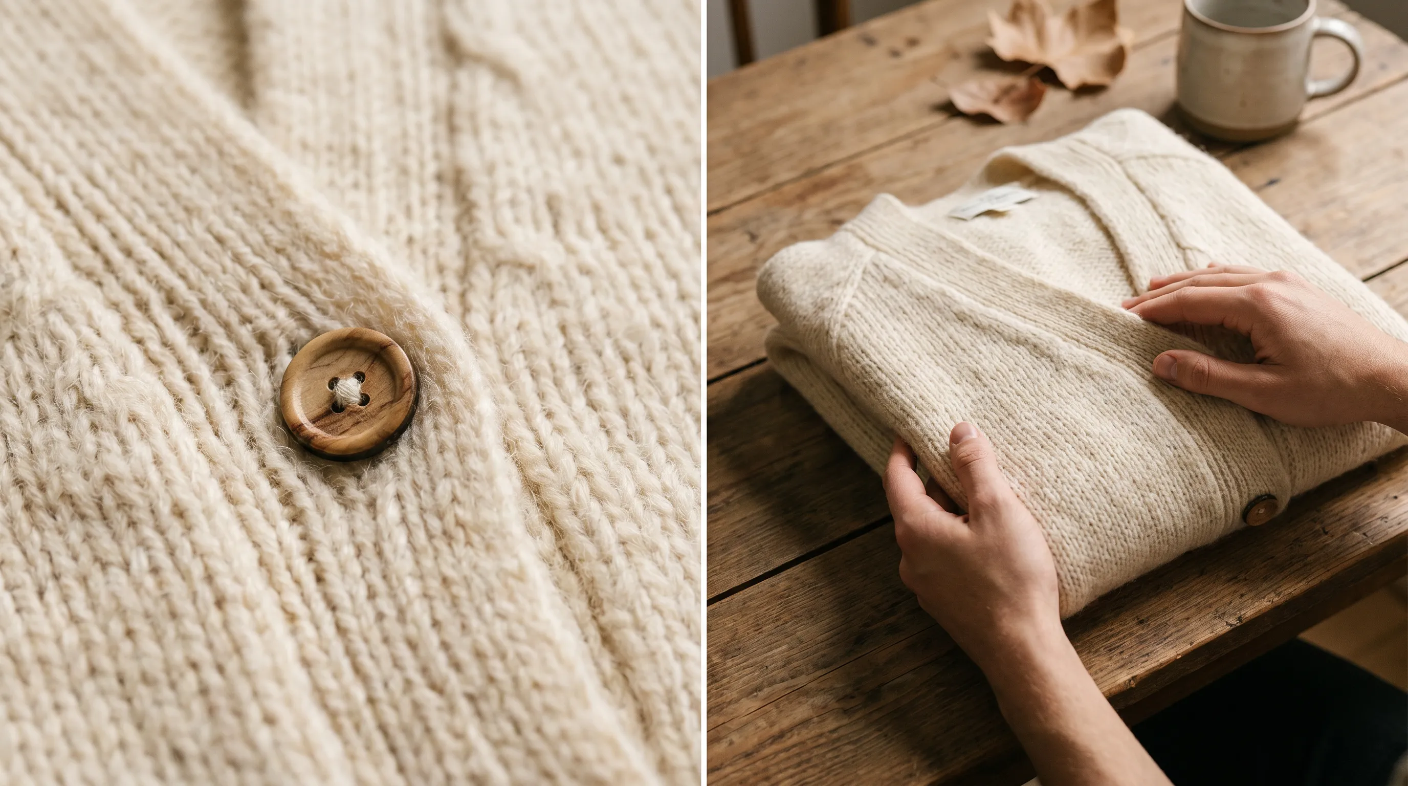 AI-generated Etsy detail and scale photo set: macro close-up of knit texture and stitching beside a scale reference frame of the garment held in a hand