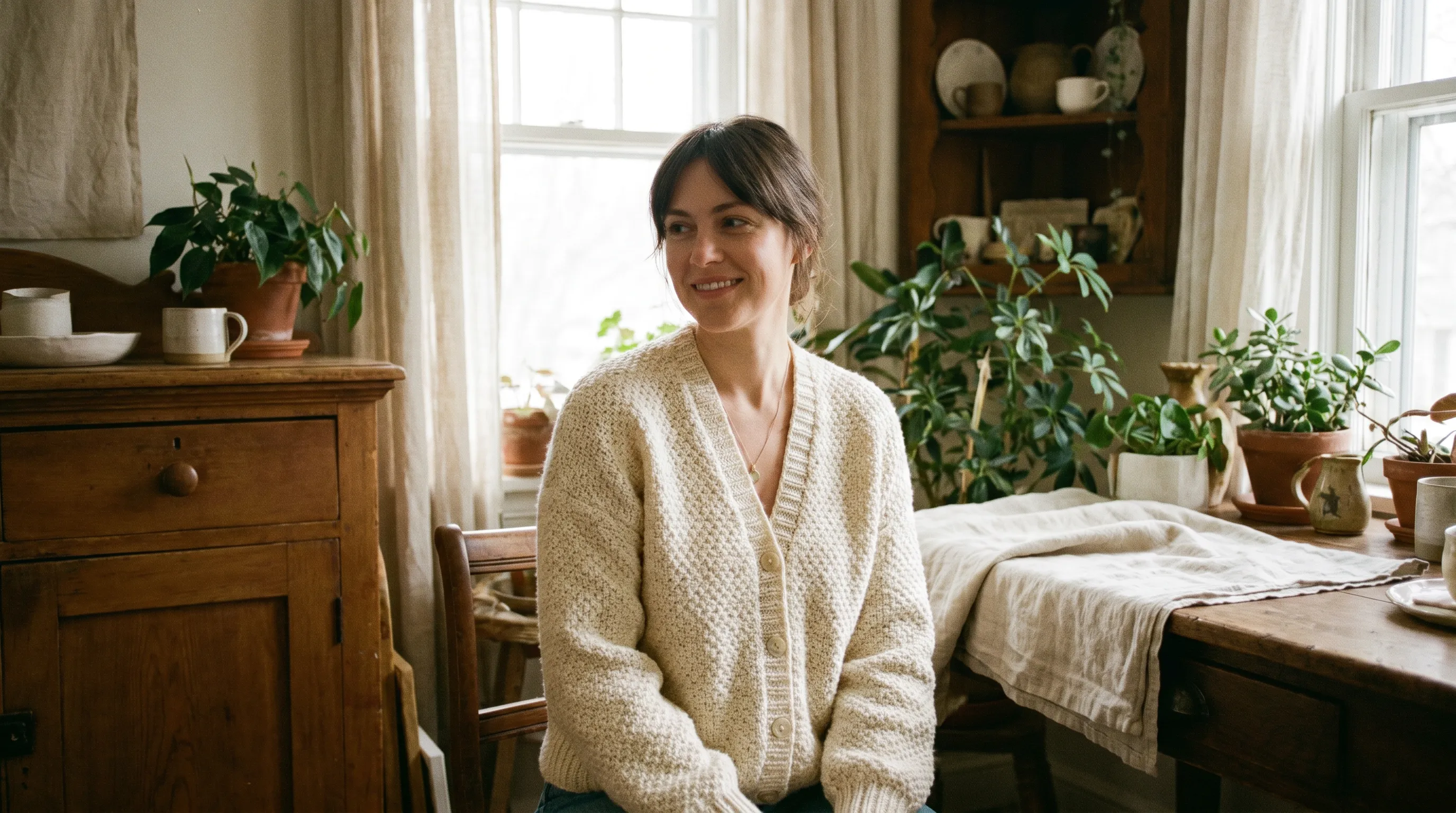 AI-generated Etsy lifestyle hero photo: a fashion model wearing a hand-feel knit cardigan in a warm sunlit room, landscape 4:3 orientation framed for Etsy's thumbnail crop