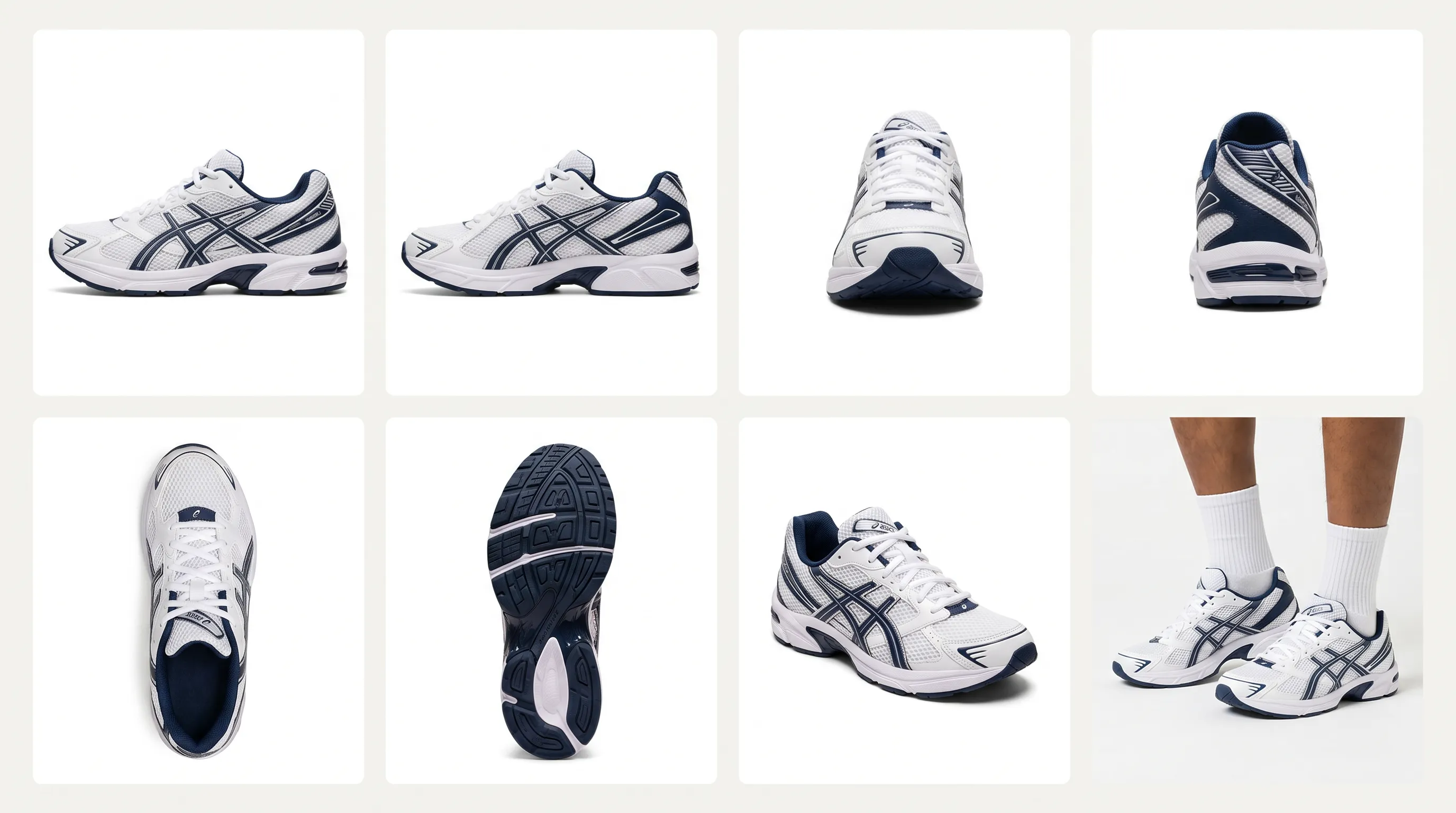Eight-view footwear angle grid for one sneaker: lateral side, medial side, front toe, back heel, top-down, sole, three-quarter, and on-foot, all on consistent white-background studio lighting