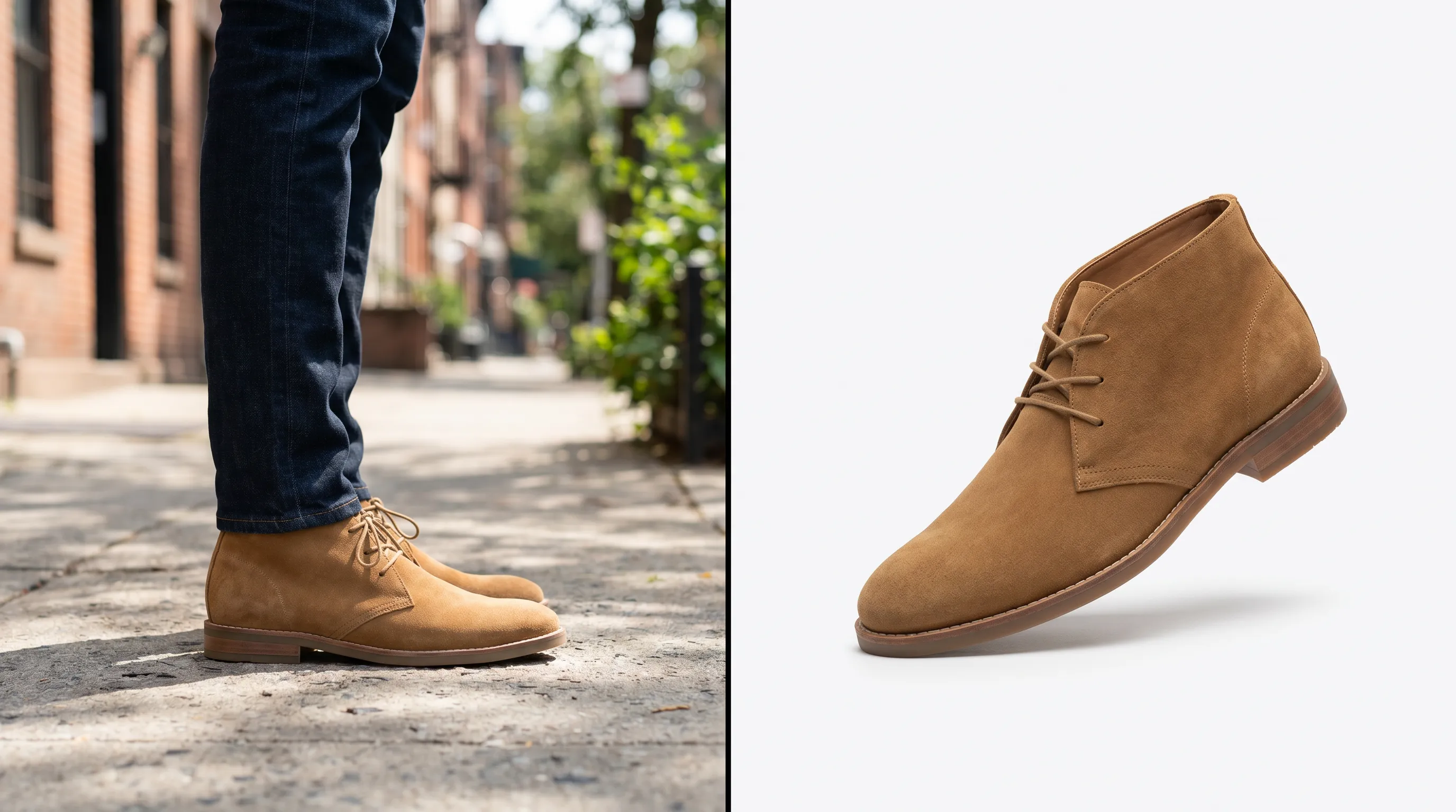 AI-generated on-foot lifestyle shoe shot: a model wearing a single sneaker on a clean urban street, alongside the same shoe's white-background three-quarter packshot