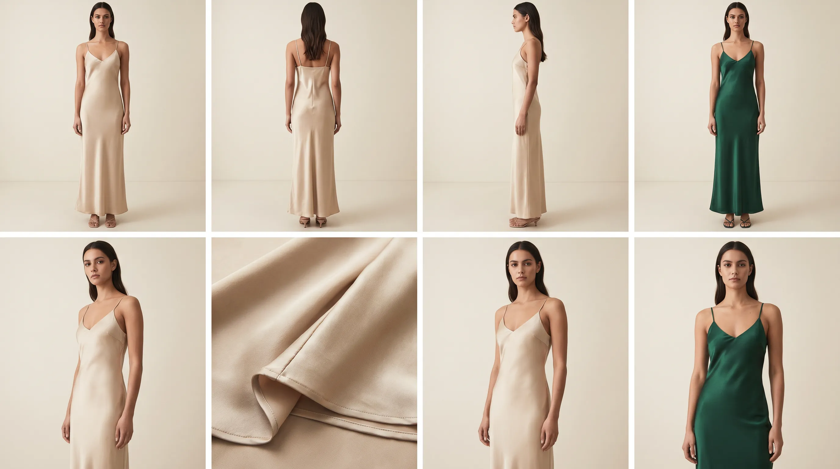Six-view AI-generated Shopify product gallery of a satin slip dress on the same model — front, back, side, three-quarter, detail, and a recolored variant