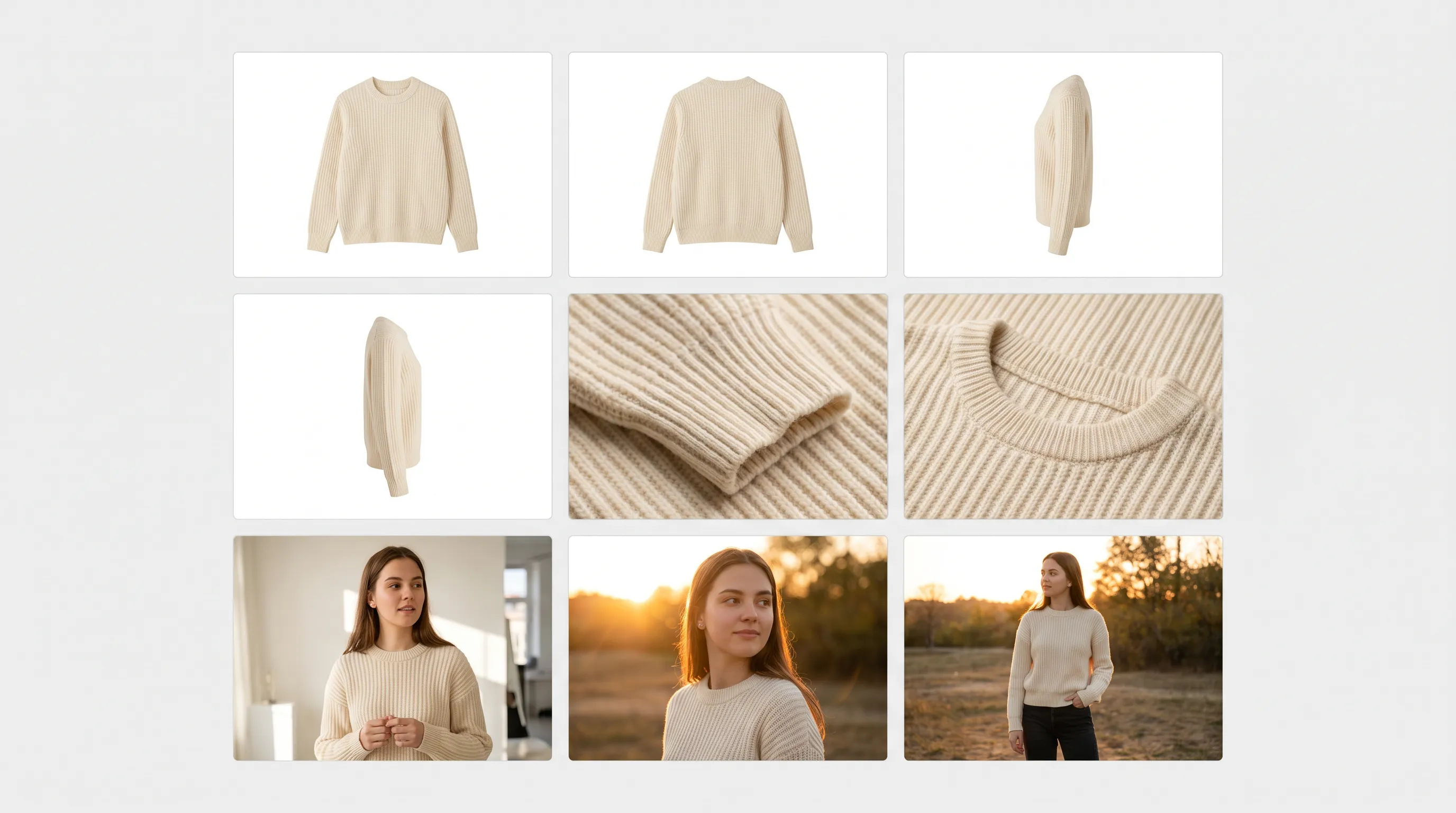Nine-slot TikTok Shop fashion listing grid: white-background packshot, back view, side, two macro detail shots, and four on-model lifestyle frames on the same AI model