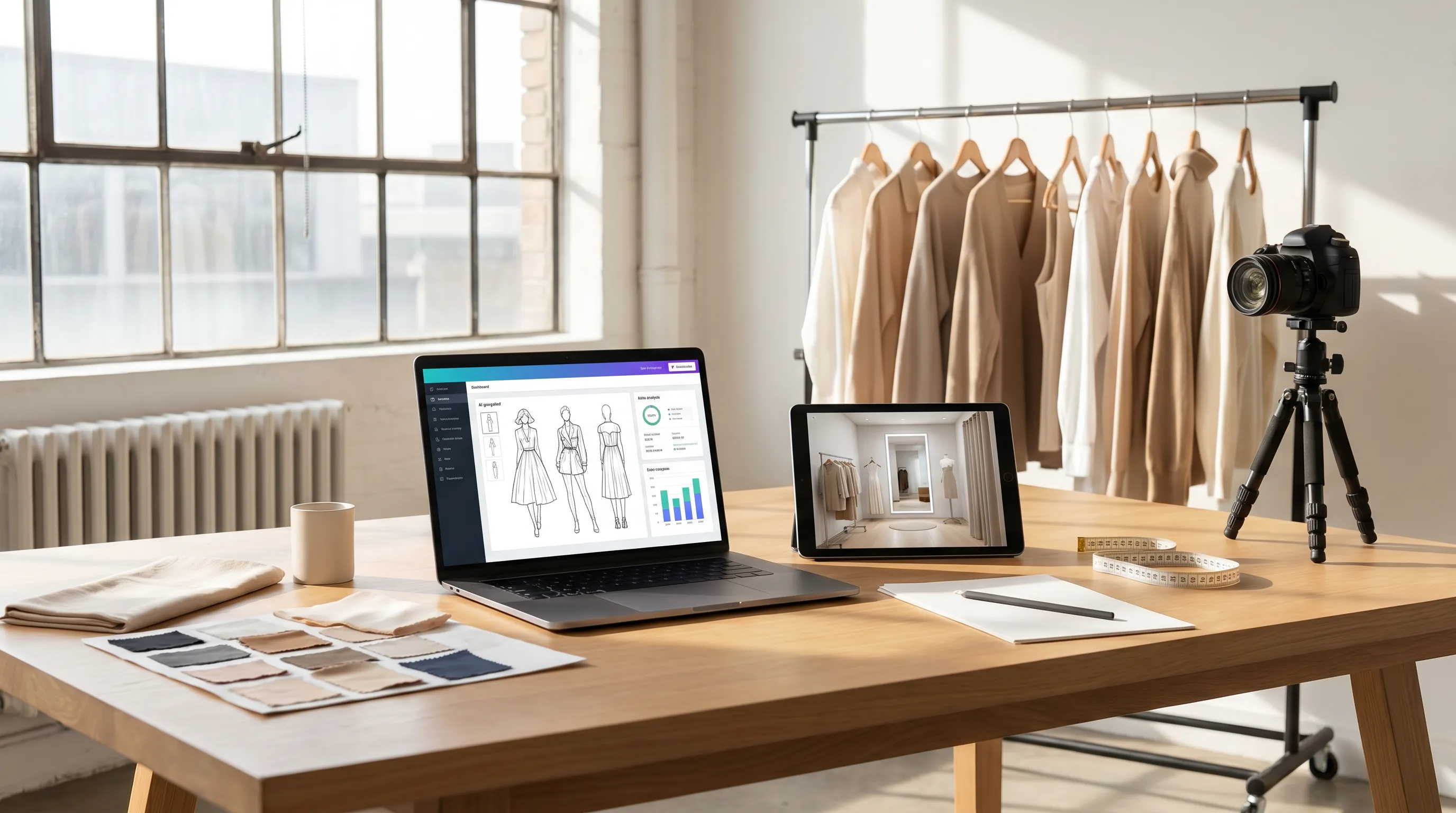 Editorial photograph illustrating aI tools for Shopify fashion sellers: the end-to-end stack