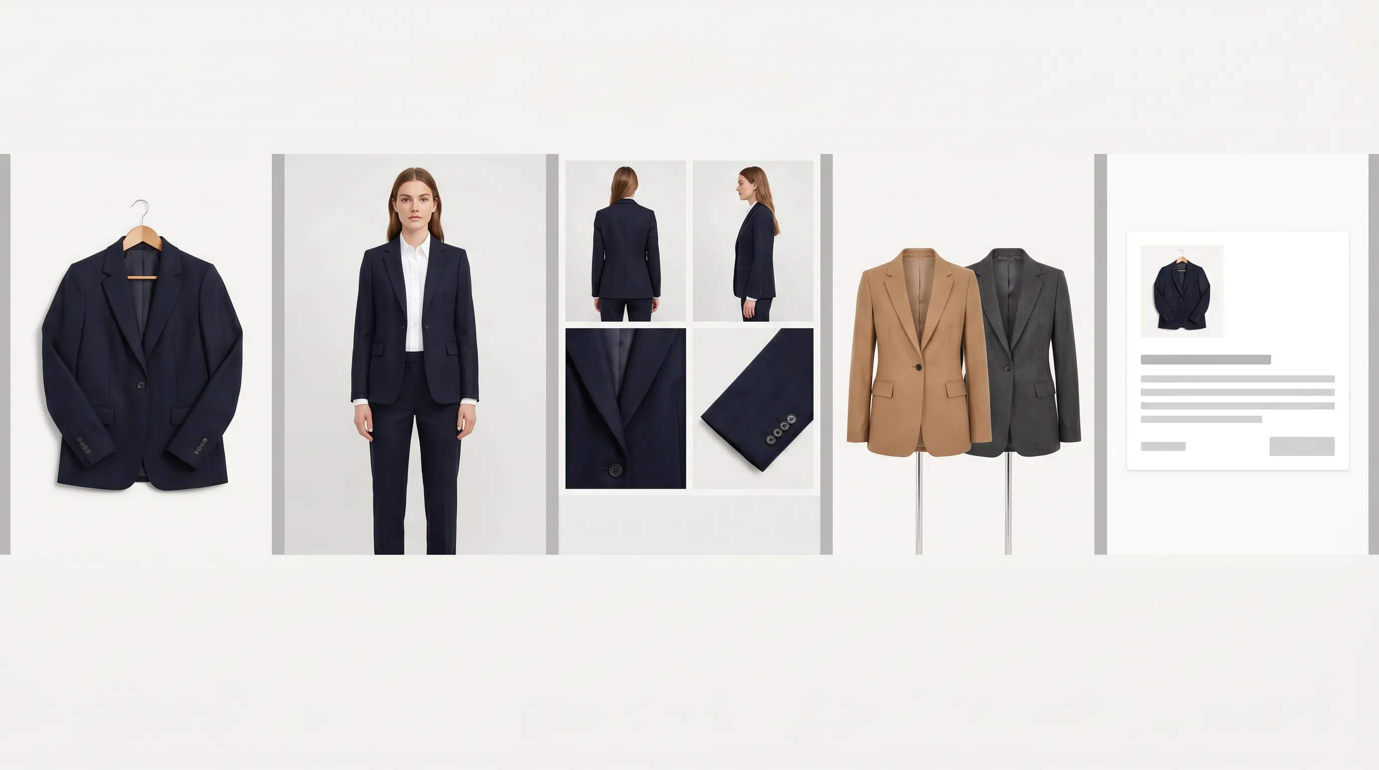 The Adstronaut Shopify pipeline shown as a left-to-right strip — one garment flat-lay turning into an on-model hero photo, a multi-angle gallery, two colorway variants, and a tagged listing card