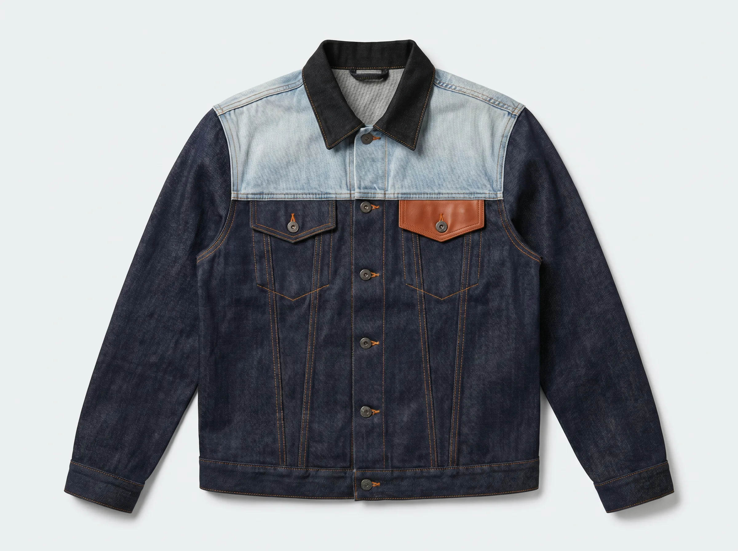 A denim jacket with different fabrics rendered per region: rigid raw indigo body, light-wash contrast yoke, black denim collar, and a leather pocket patch