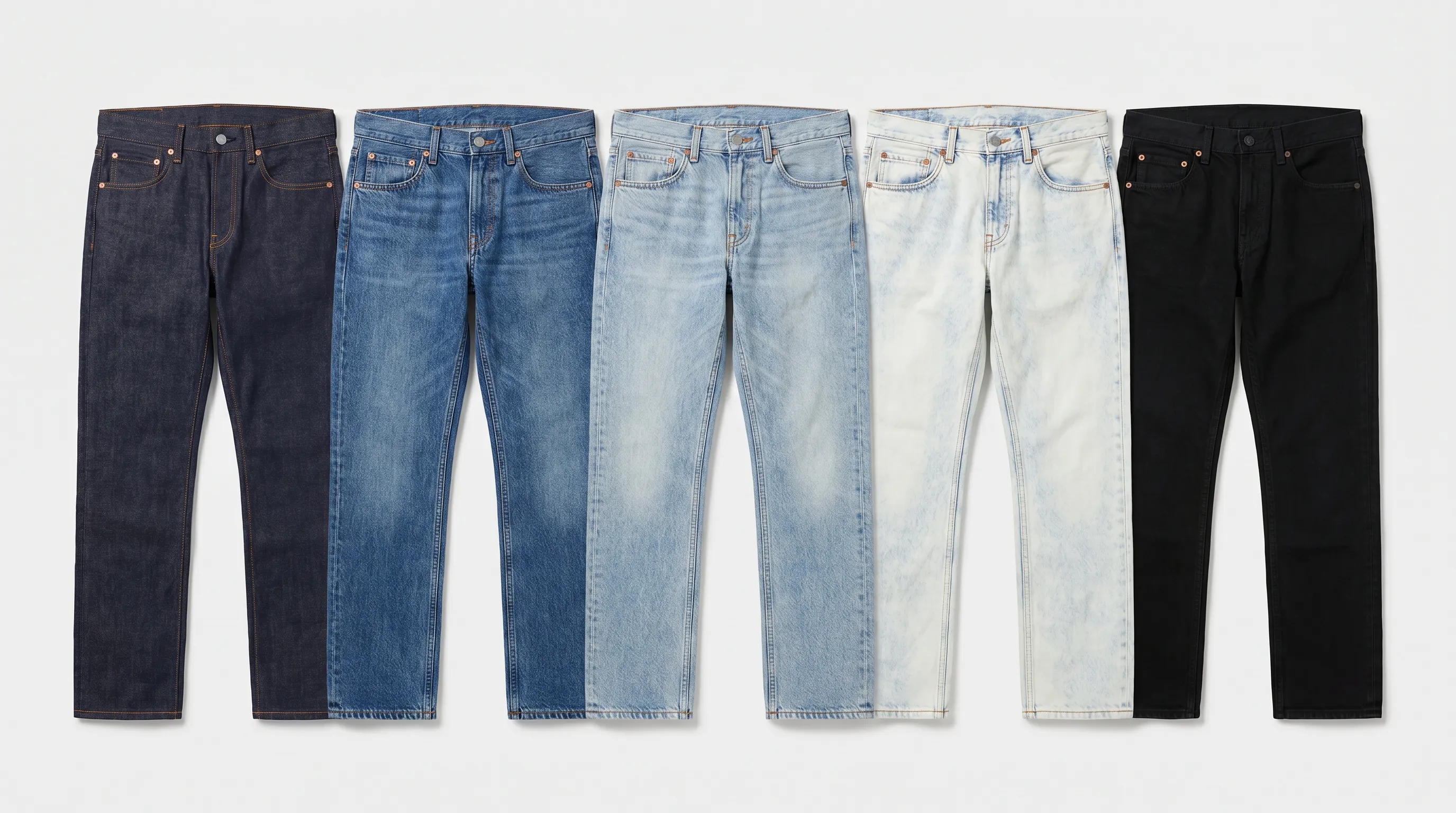 Same pair of jeans rendered in five denim washes: raw indigo, rinse, light stone wash, heavy bleach, and black overdye, in a row for comparison