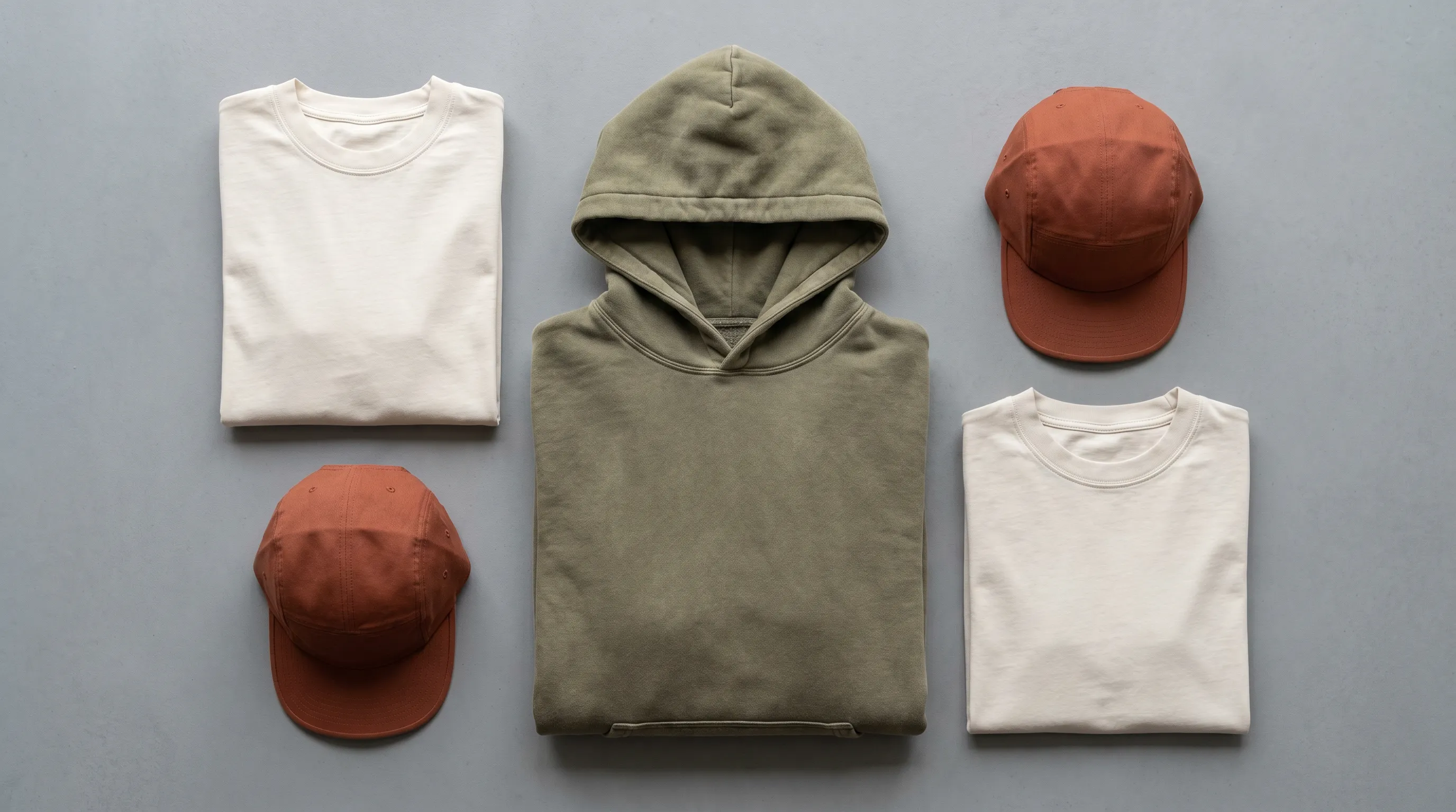 Flat-lay of a streetwear capsule color story: a heavyweight tee, a hoodie, and a cap each rendered in a coordinated set of Pantone-coded colorways for a single drop