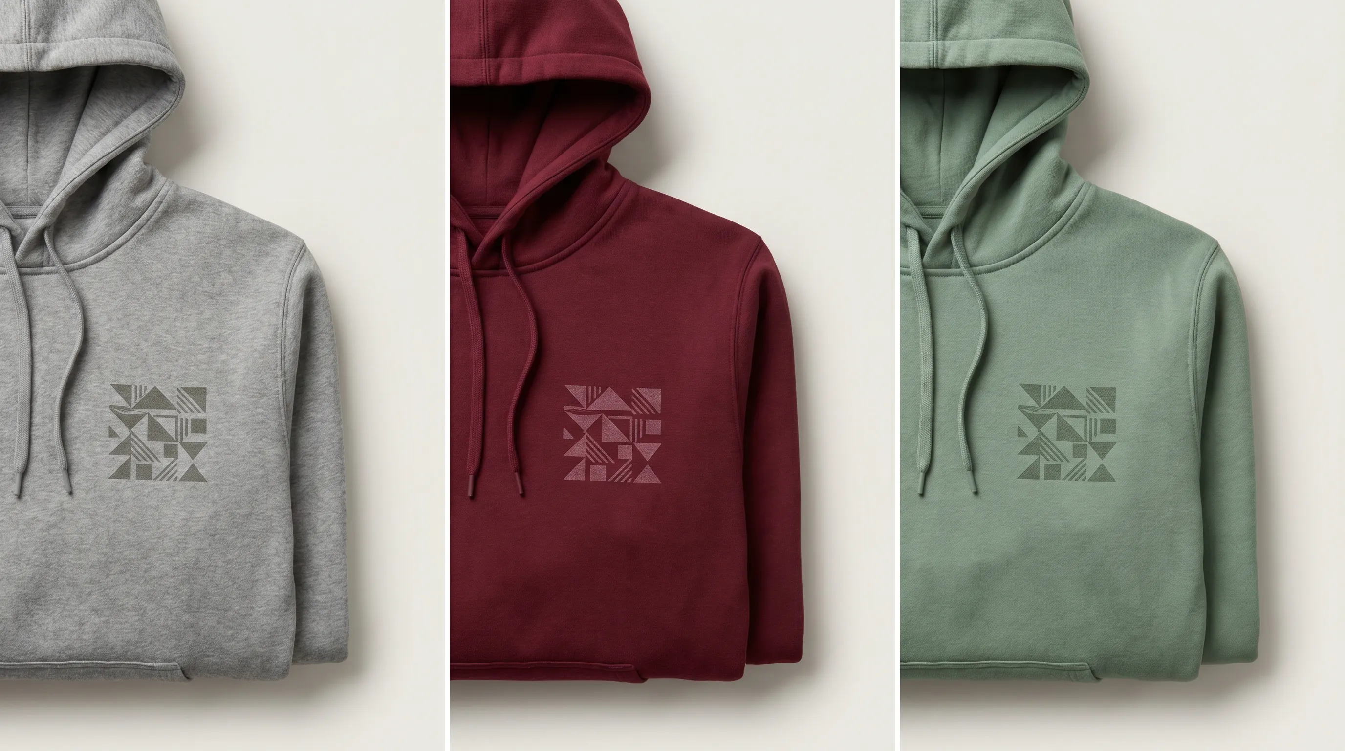 Per-zone recolor on a streetwear hoodie: the printed chest graphic stays fixed while the fleece body is rendered in three different Pantone-coded shades across three frames
