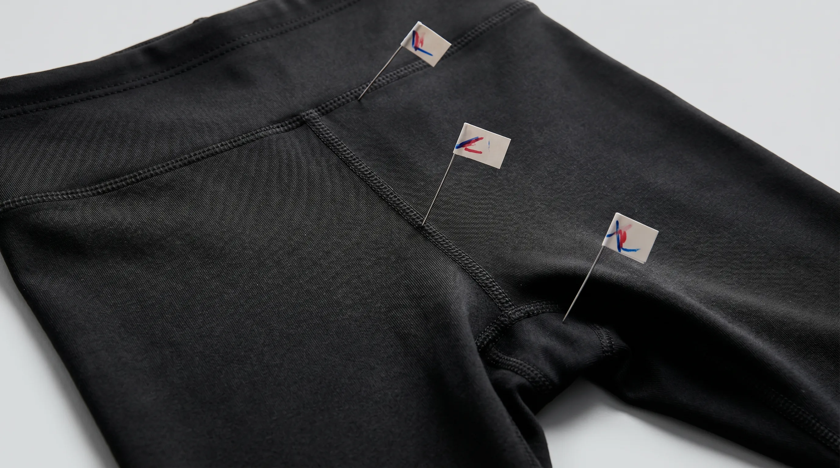 Close-up of activewear tech pack construction callouts showing flatlock seams on a legging side panel, coverstitched waistband, and gusset detail