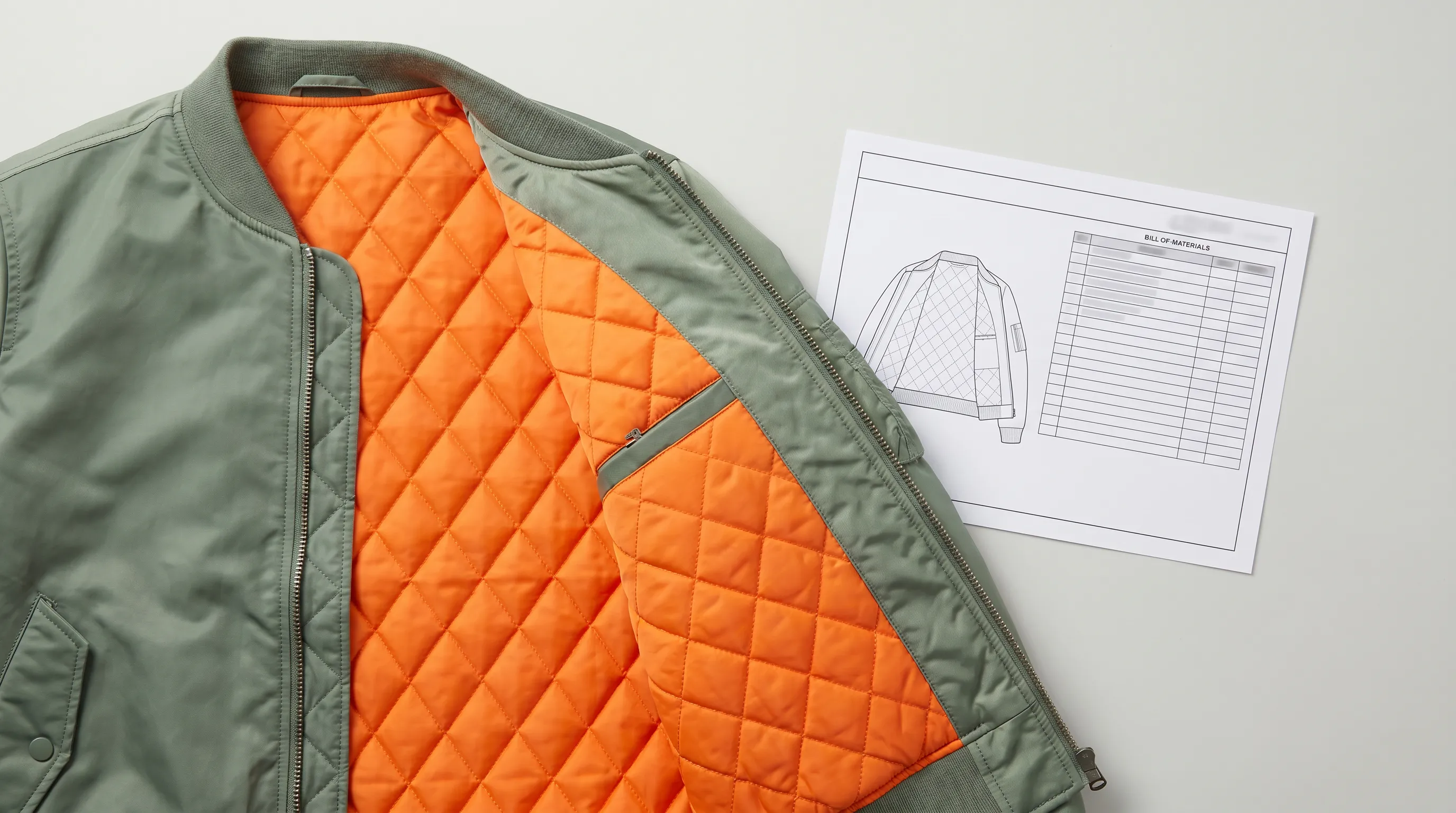Open bomber jacket showing the diamond-quilted lining with reversible contrast orange interior and an inner welt pocket, beside the lining and BOM page of a tech pack