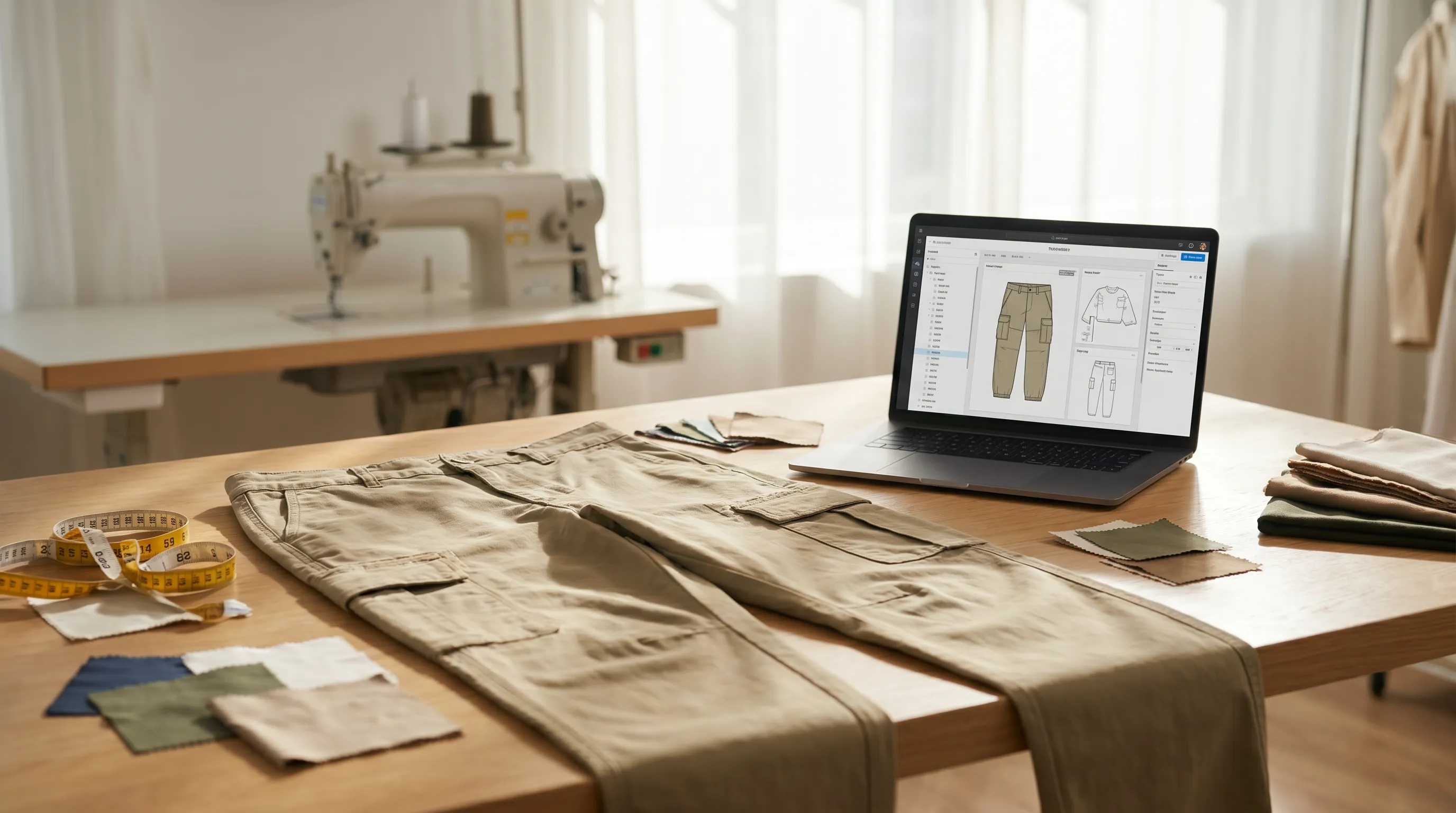 Editorial photograph illustrating how to make a factory-ready tech pack for cargo pants