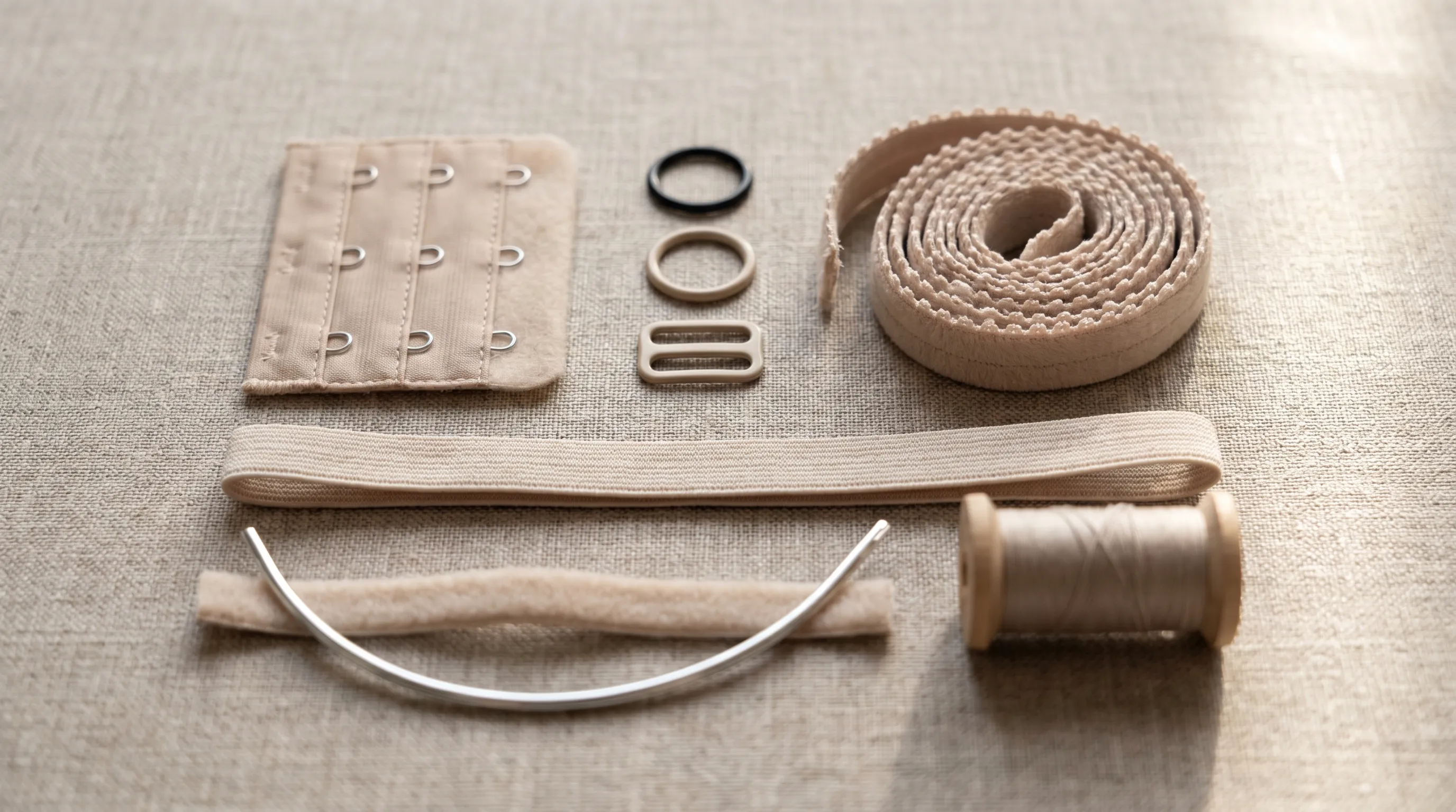 Close-up flat-lay of lingerie hardware and notions: nylon-coated rings and sliders, three-column hook-and-eye closure, plush-back picot elastic, and underwire channeling