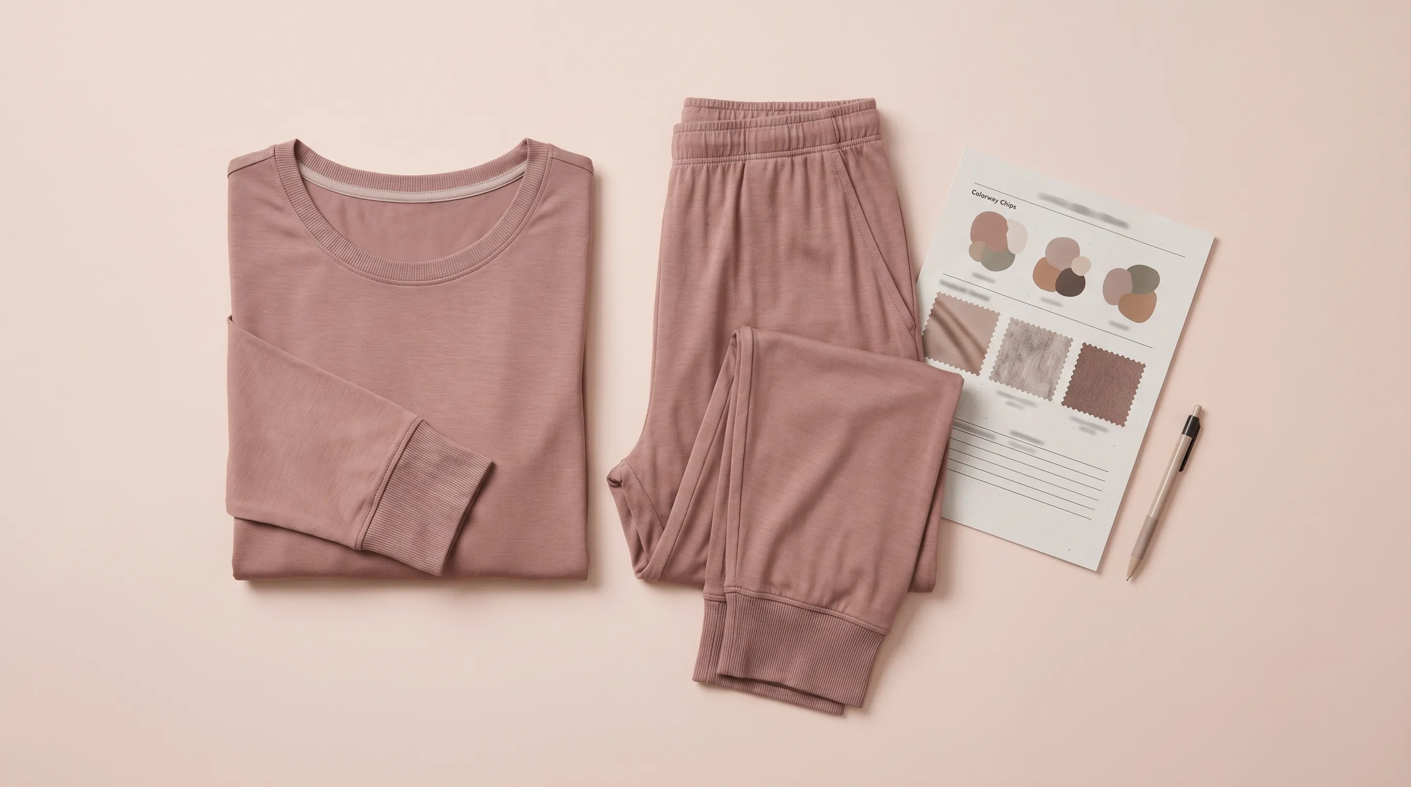 Flat-lay of a coordinated modal pajama set, a long-sleeve top and matching pants in the same color and ribbed trim, beside a tech pack page showing shared Pantone and trim BOM