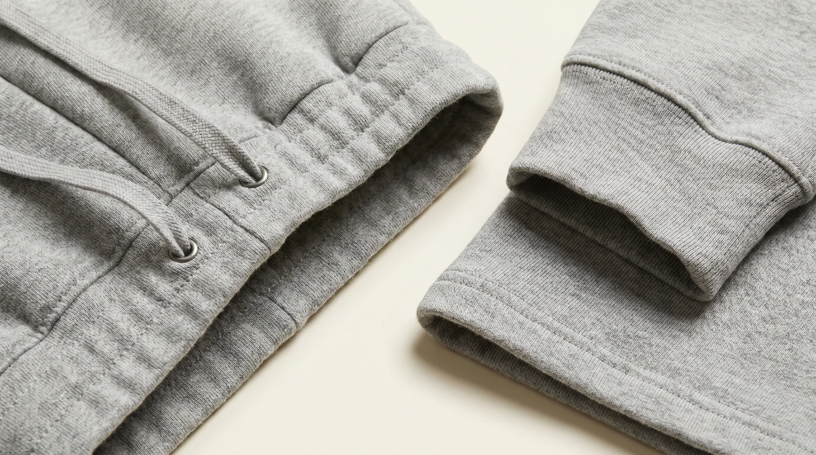 Close-up of loungewear tech pack construction callouts showing an encased elastic drawcord waistband, a 2x2 ribbed cuff, and a coverstitched hem on French terry joggers