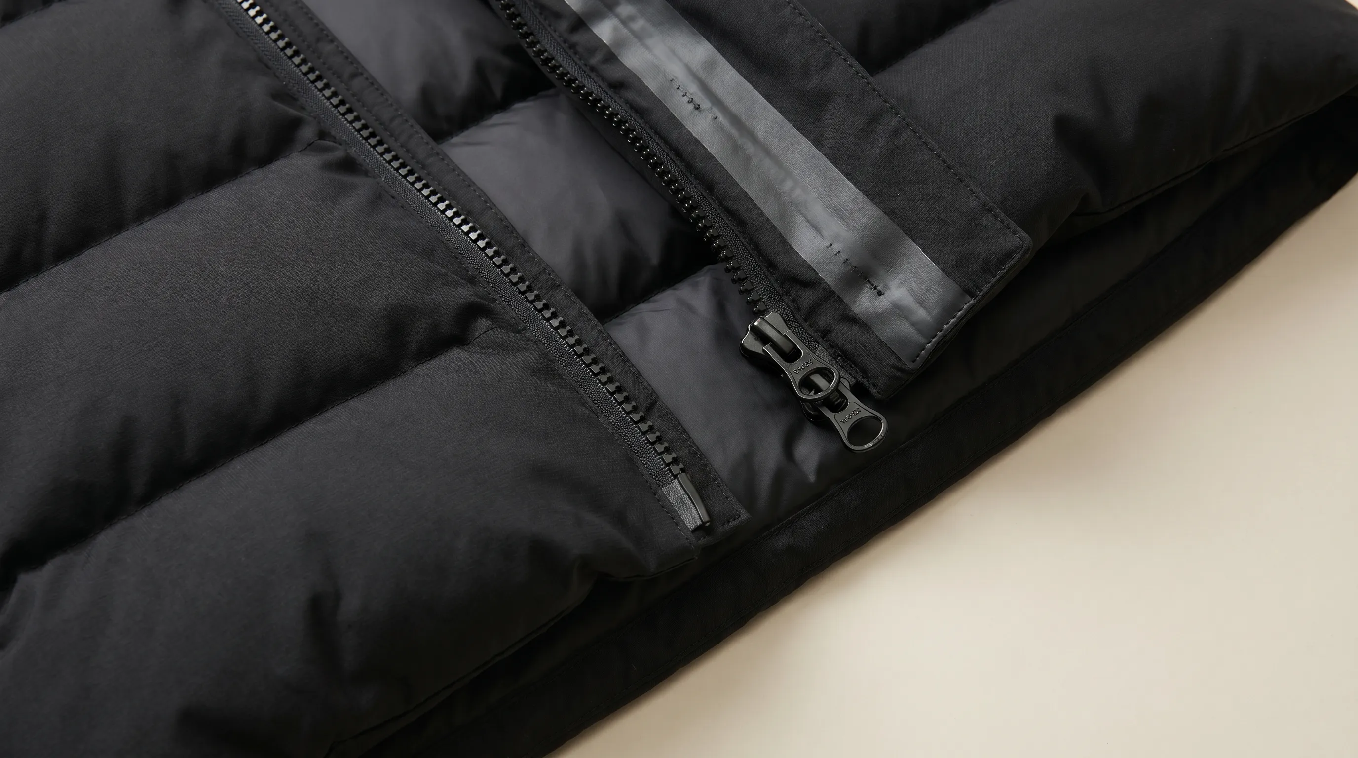 Close-up of outerwear tech pack construction details on a quilted down parka showing horizontal baffle channels, a two-way separating zipper with storm flap, and a seam-sealing tape edge