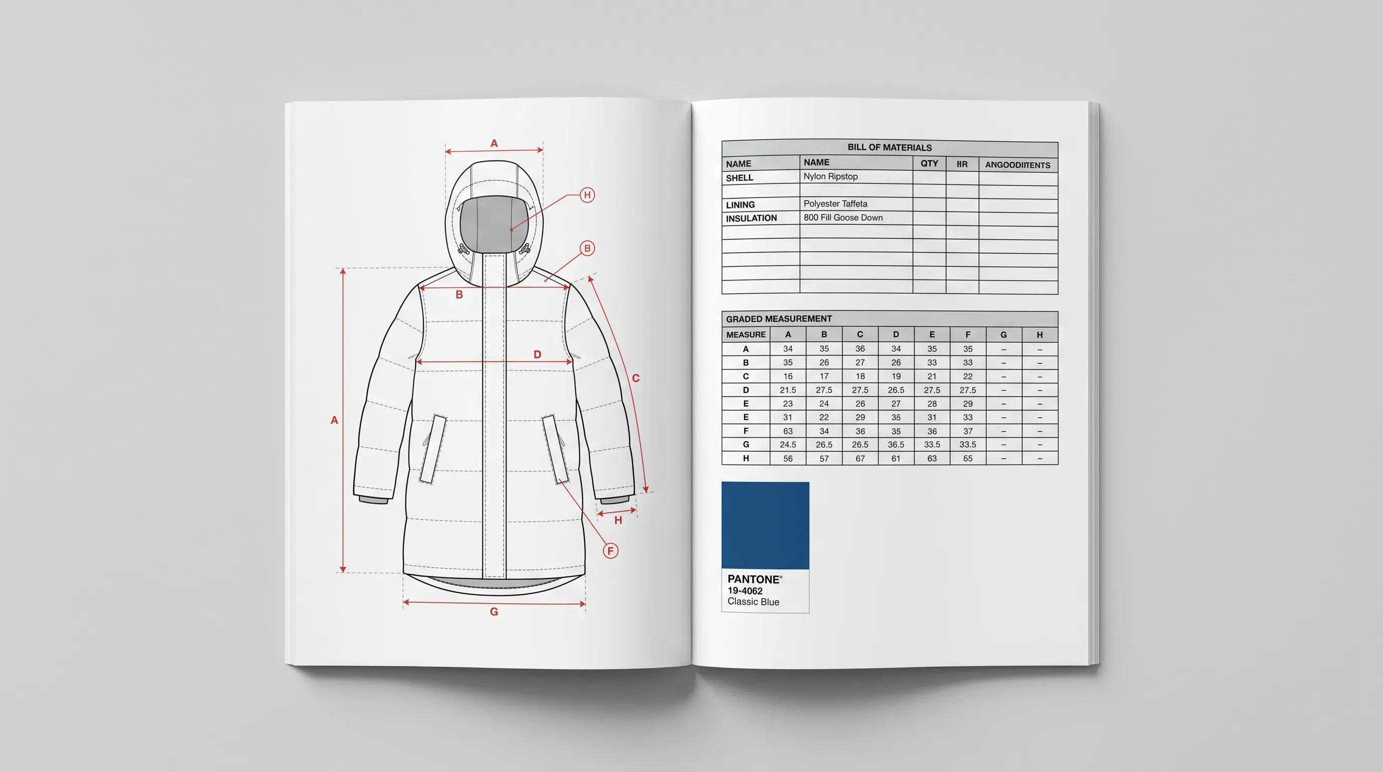 Finished printed outerwear tech pack PDF spread for a down parka showing the technical flat sketch, layered shell-lining-insulation bill of materials, graded points of measure, and a Pantone colorway chip