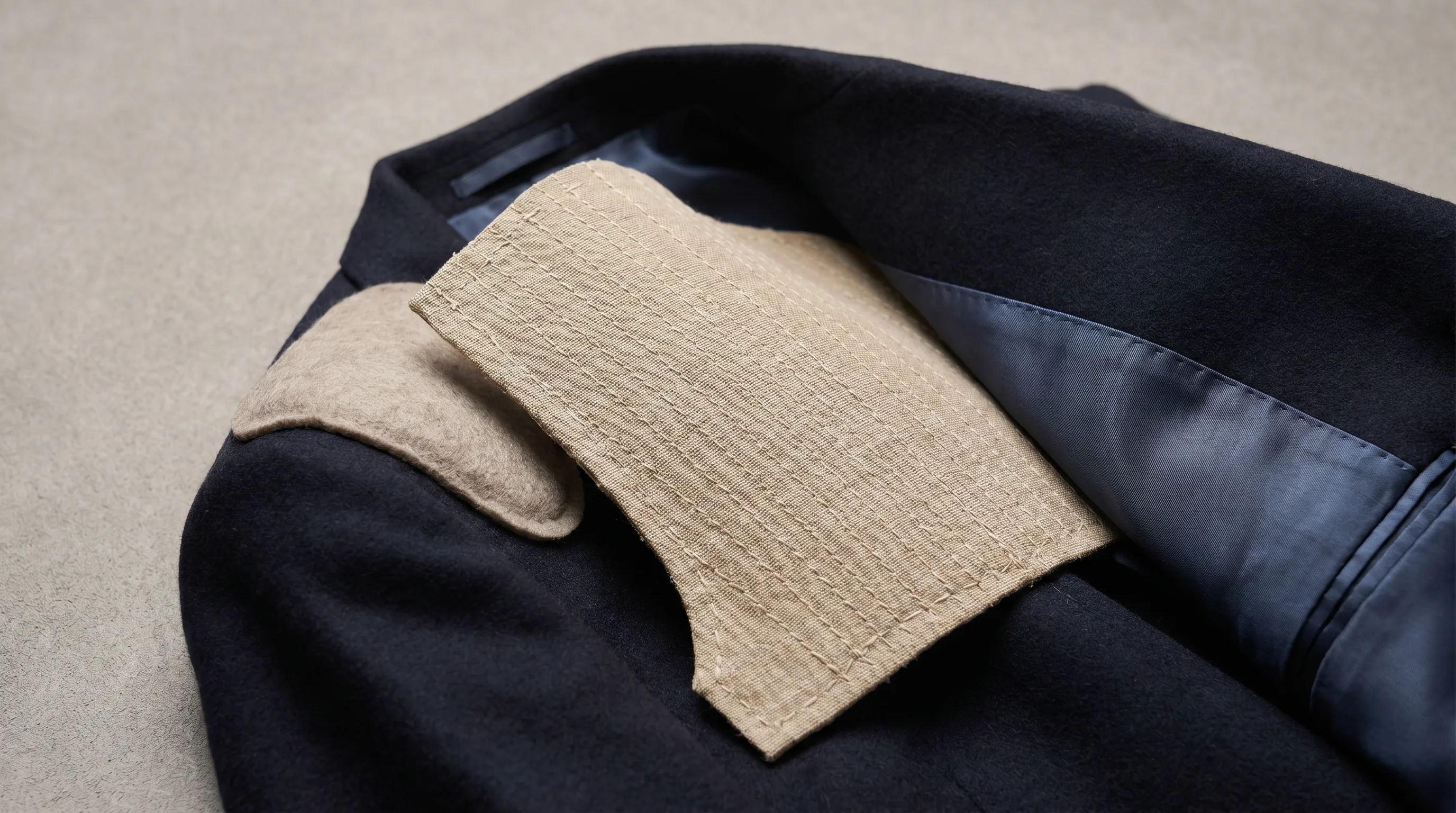 Close-up of suit jacket interior construction showing the floating hair-canvas chest piece pad-stitched along the lapel roll line, shoulder pad, and Bemberg lining edge