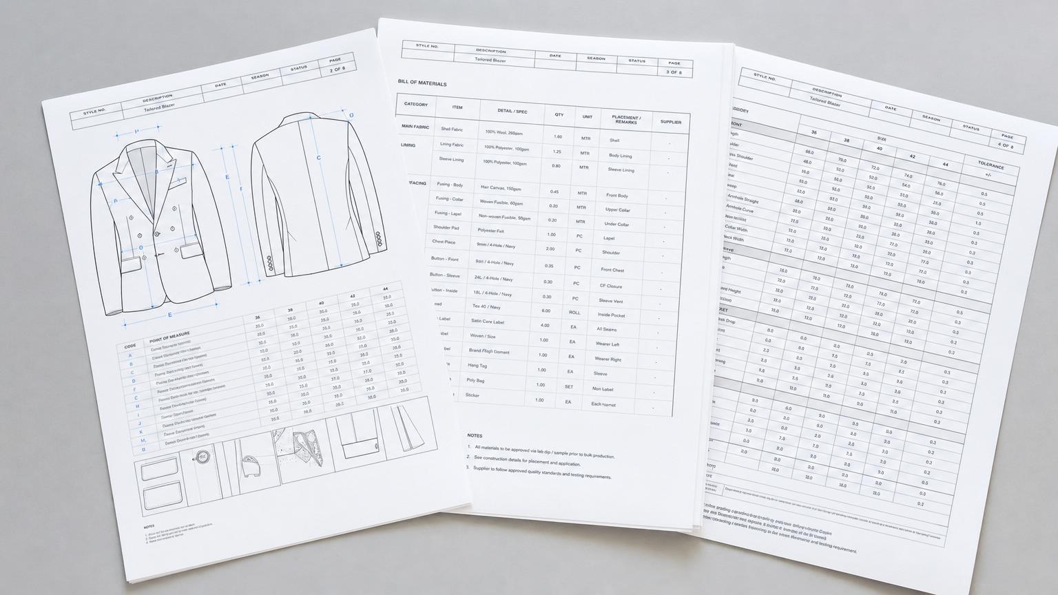 Printed suit and blazer tech pack spread showing the flat sketch with points of measure, a bill of materials listing canvas, Bemberg lining and buttons, and a graded measurement table