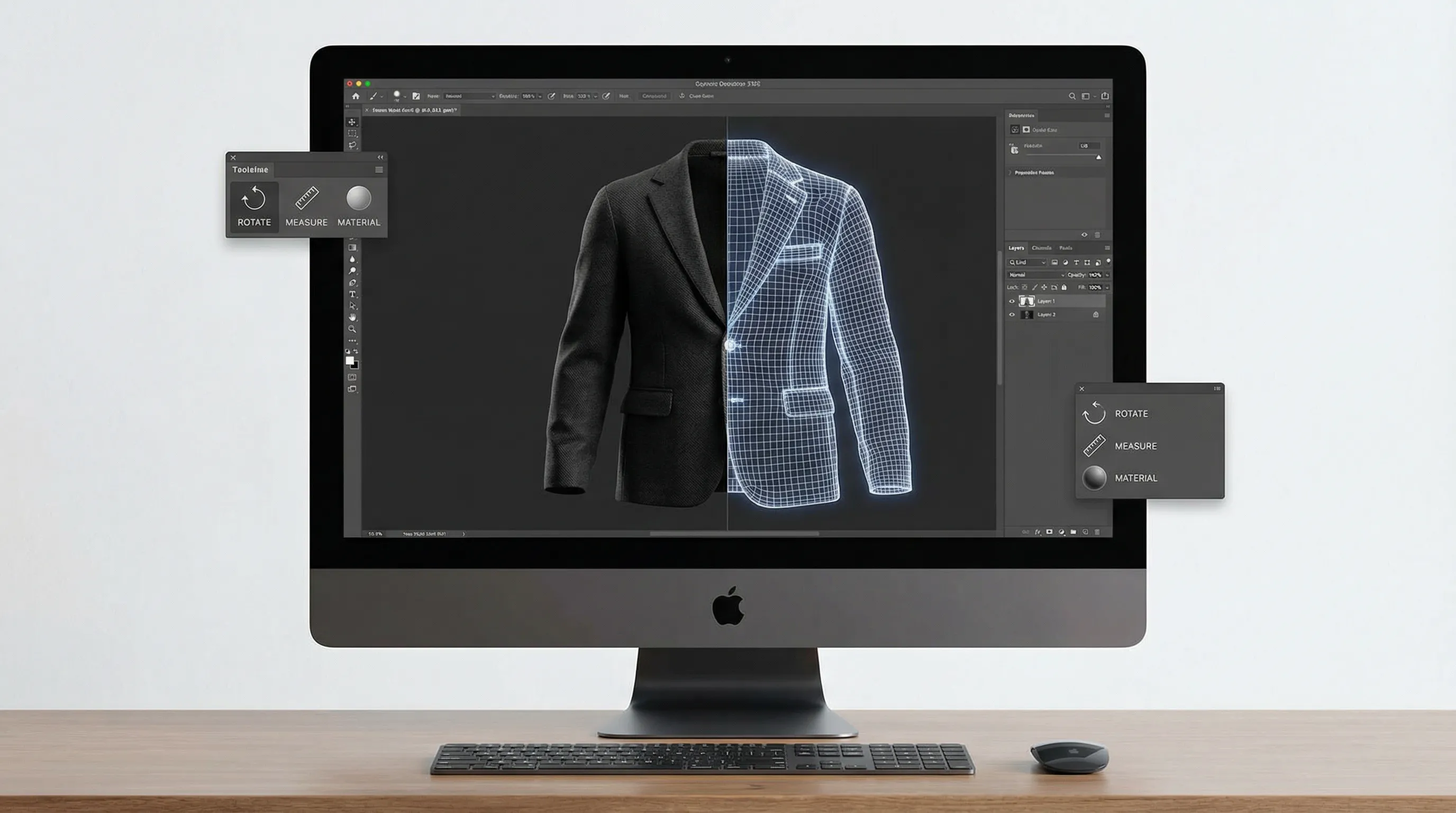 3D digital garment rendering of a jacket showing photorealistic fabric texture alongside wireframe mesh view