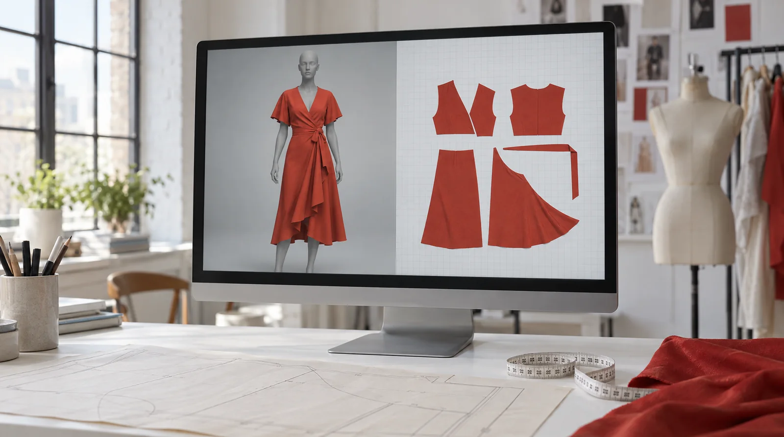 An illustration of 3D garment sampling software: a red wrap dress draped on a grey avatar beside its flat pattern pieces