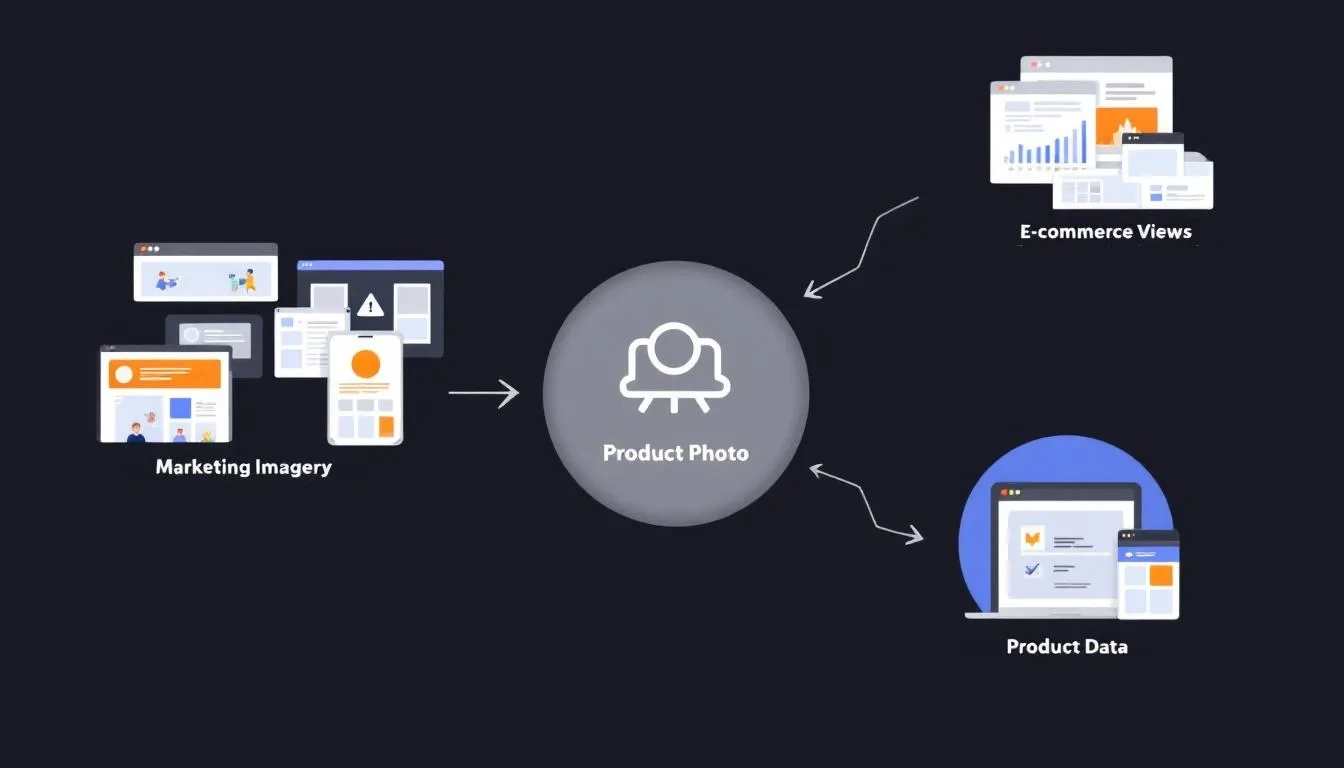 A diagram summarizing the outputs of the Adstronaut AI workflow: marketing photos, e-commerce views, and product data.