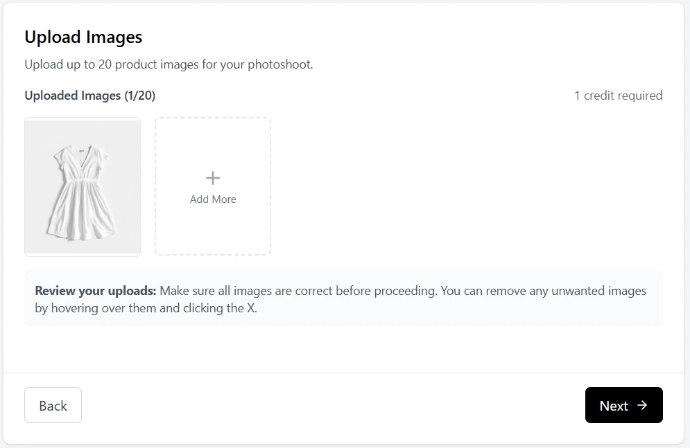 Screenshot of the Adstronaut AI photoshoot feature, showing the user-friendly interface for uploading a product image