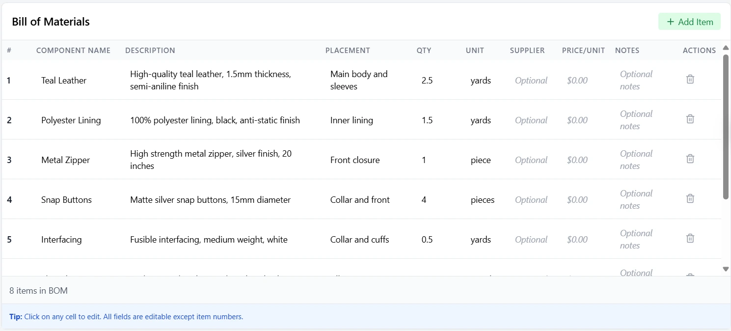 A screenshot of a Bill of Materials table generated by Adstronaut AI, highlighting its clean, professional, and detailed format.