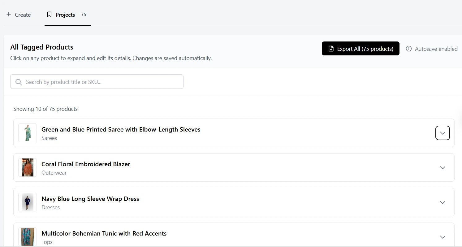 A screenshot of the Adstronaut AI projects dashboard, showing how all assets for a collection are organized in one place.