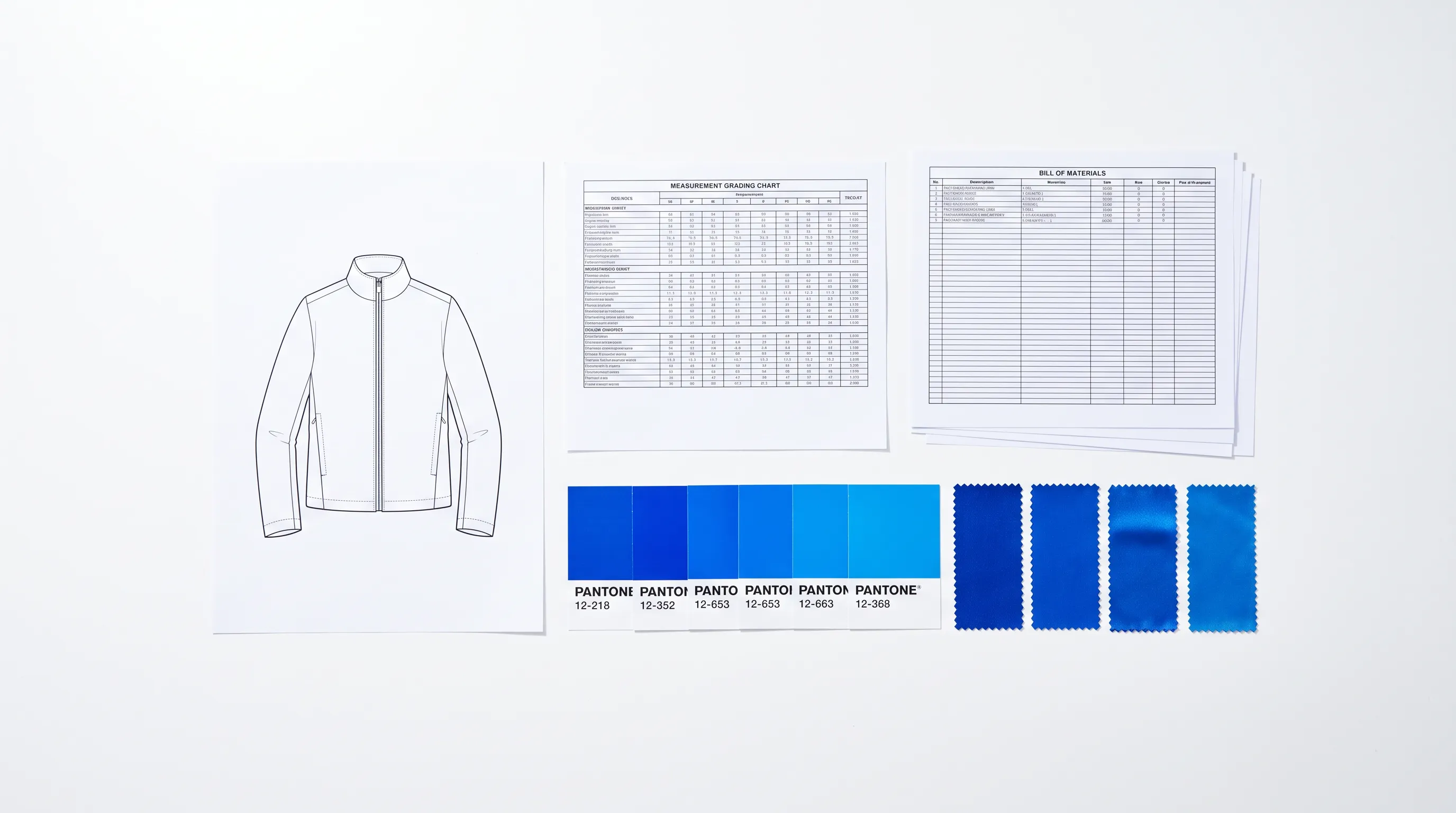 Overhead flat lay of a factory-ready garment tech pack spread showing a vector flat sketch, graded measurement chart, bill of materials, and Pantone TCX colorway swatches on a bone seamless surface