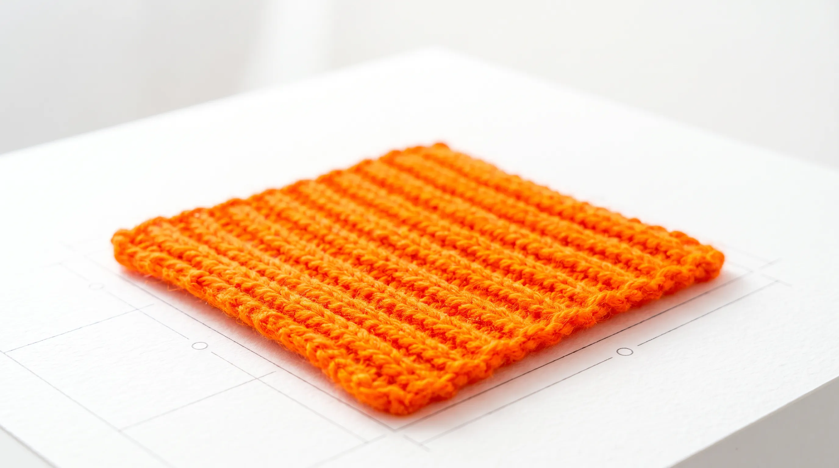 Macro detail of a knitwear swatch beside a printed points-of-measure chart with tolerance callouts, dramatic raked light across the ribbed texture